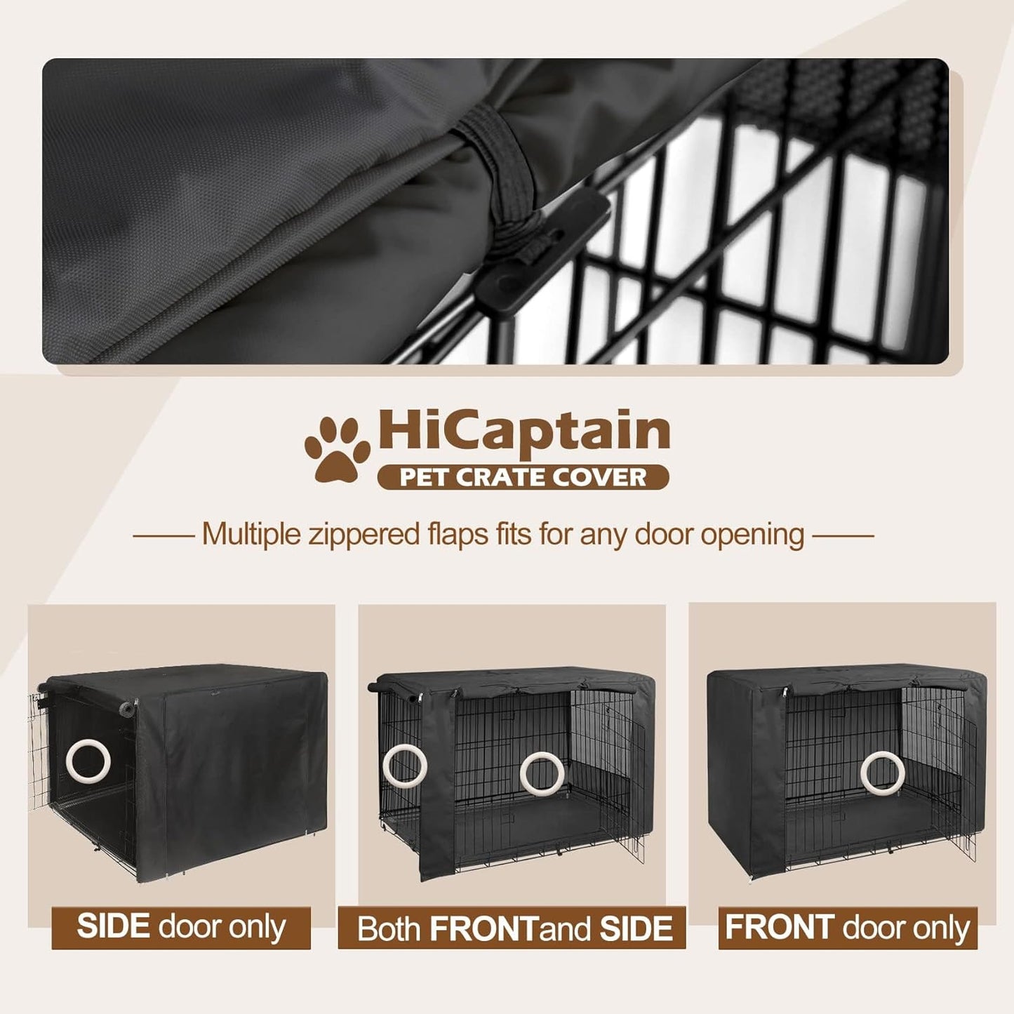 HiCaptain Breathable Dog Crate Cover 30 Inch, Durable Heavy Duty Kennel Cover, Dual Zippered Panels, Windproof Waterproof UV-Resistant(Black)