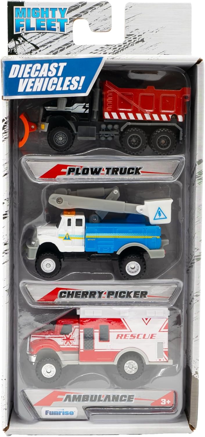 Mighty Fleet Diecast 3-Pack, Snow Shovel, Cherry Picker, and Ambulance, Durable 3” Diecast Vehicles for Kids Ages 3+