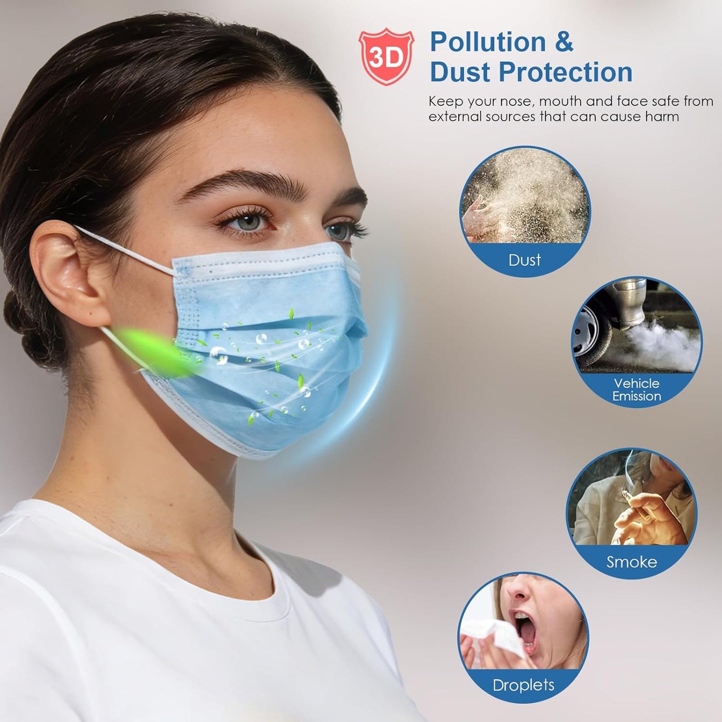 NNPCBT Blue Disposable Face Masks 100 Pack,3-Ply Breathable Mask For Adults,Great For Outdoors,Home, Office, School