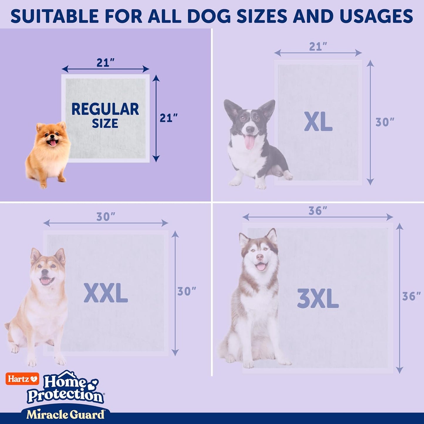 Hartz Miracle Guard Dog and Puppy Dog Pads Max Absorbency 24 Hour Use Odor Eliminating Lavender Scented No Leaks, Regular Size 25 Count