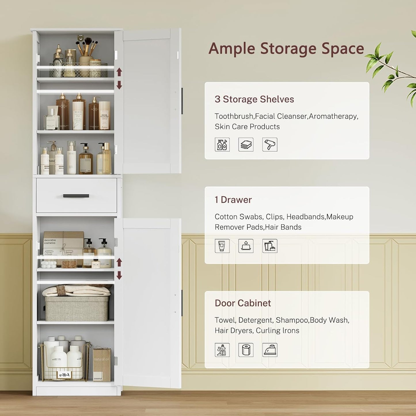 usikey 67'' Tall Bathroom Cabinet, Storage Cabinet with 4 Shelves & 2 Doors, Narrow Storage Cabinets for Bathroom, Living Room, Home Office, White