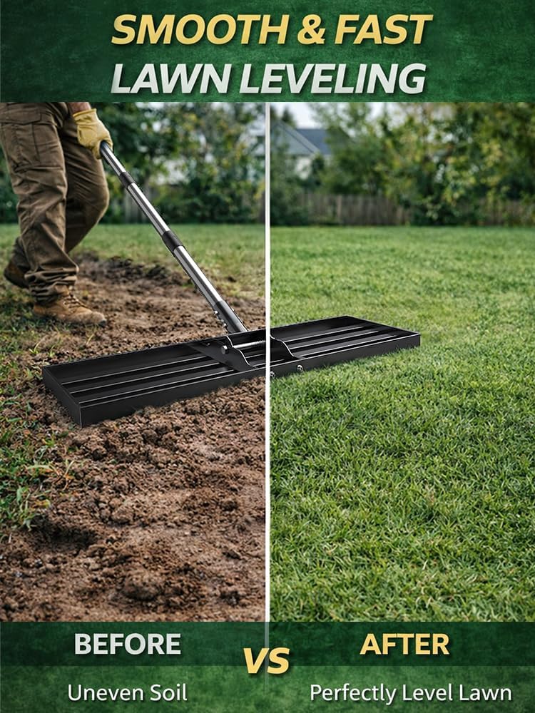 30x10 inch Lawn Leveling Rake, Yumatum 72" Effort Saving Lawn Leveler Tool, Stainless Steel Handle Lawn Leveler for Golf Course Yard Pasture Garden, Professional Lawn Care Landscape Rake