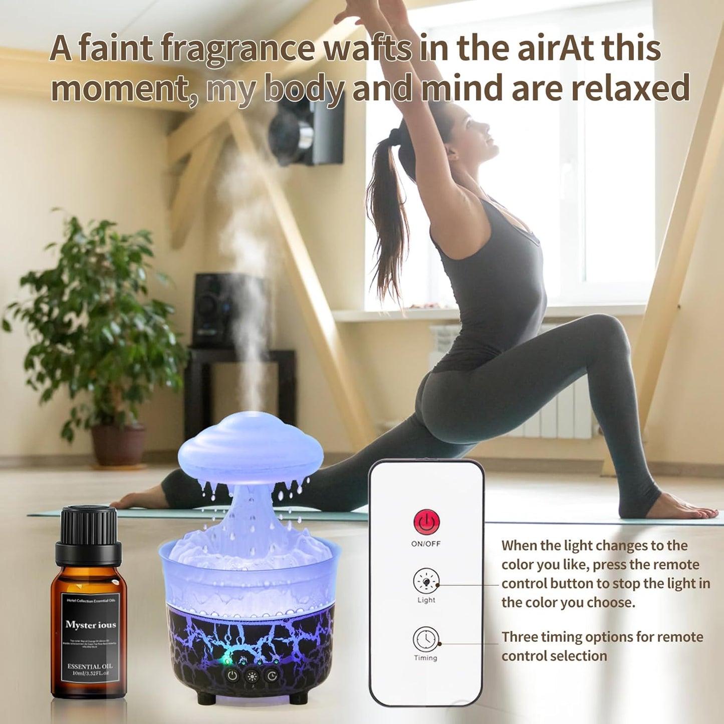 BOHOFAM Aroma Essential Oil Diffuser,Rain Cloud humidifier Simultaneously Water Drip and Air Mist,Rain Diffuser with 4 Hotel Collection Essential Oils for Home,Bedroom,Colorful Light(Black)