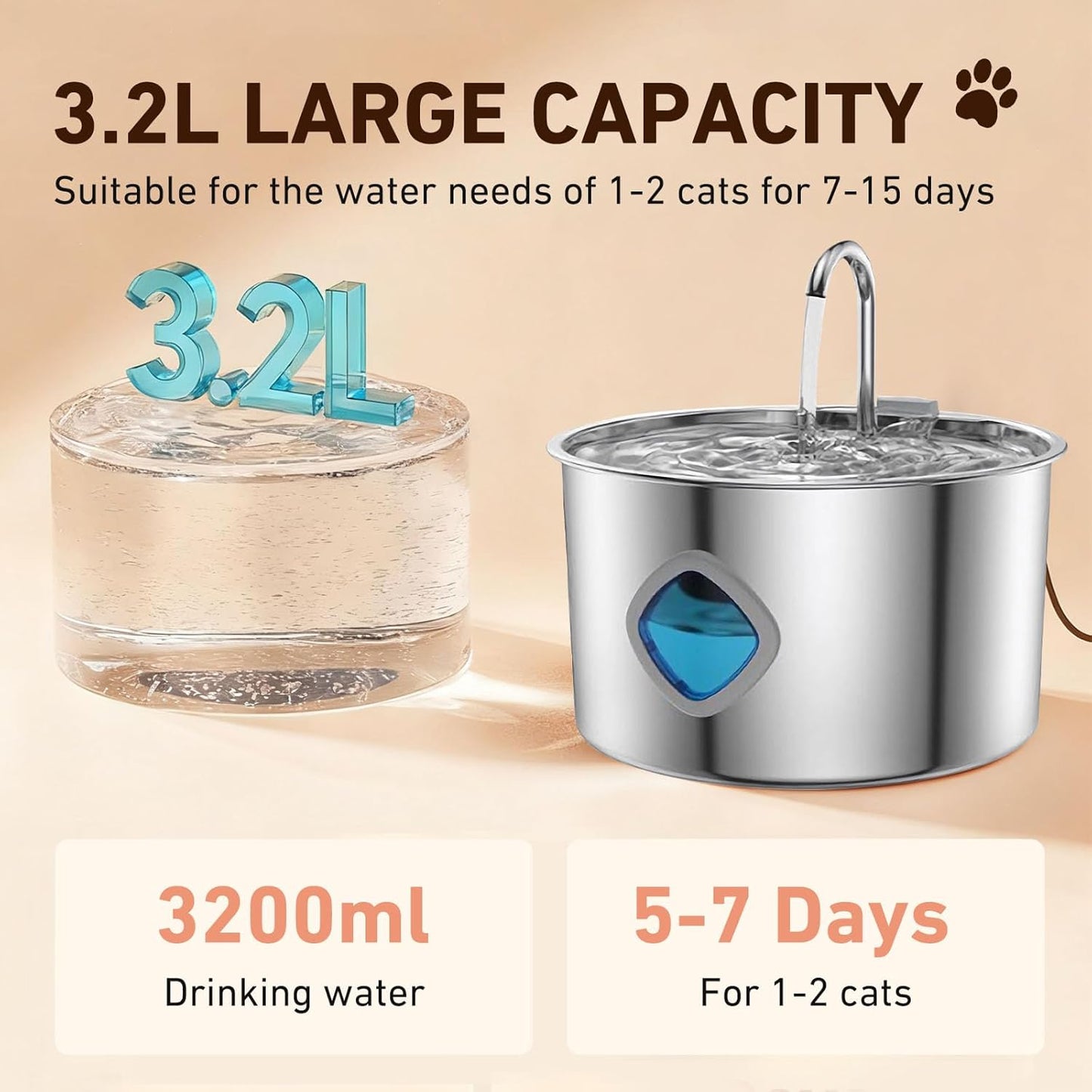 Cat Water Fountain Stainless Steel, 3.2L/108oz Pet Water Fountain for Cats & Small Dogs, Ultra-Quiet Indoor Drinking Fountain
