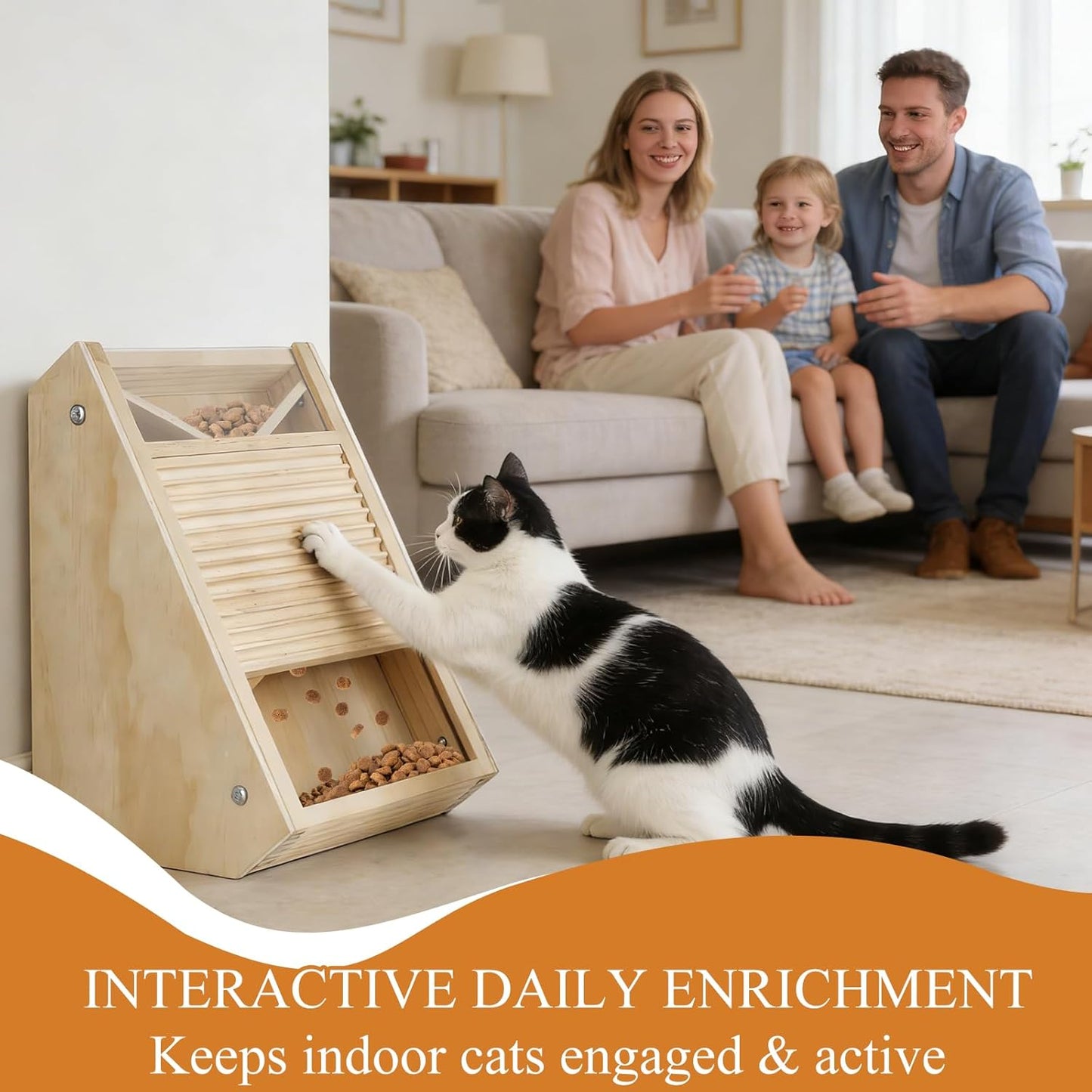 Interactive Cat Treat Toy – Wooden Food Dispensing Cat Toy for Indoor Cats, Paw-Activated Reward Feeder, Cat Enrichment & Puzzle Toy for Mental Stimulation