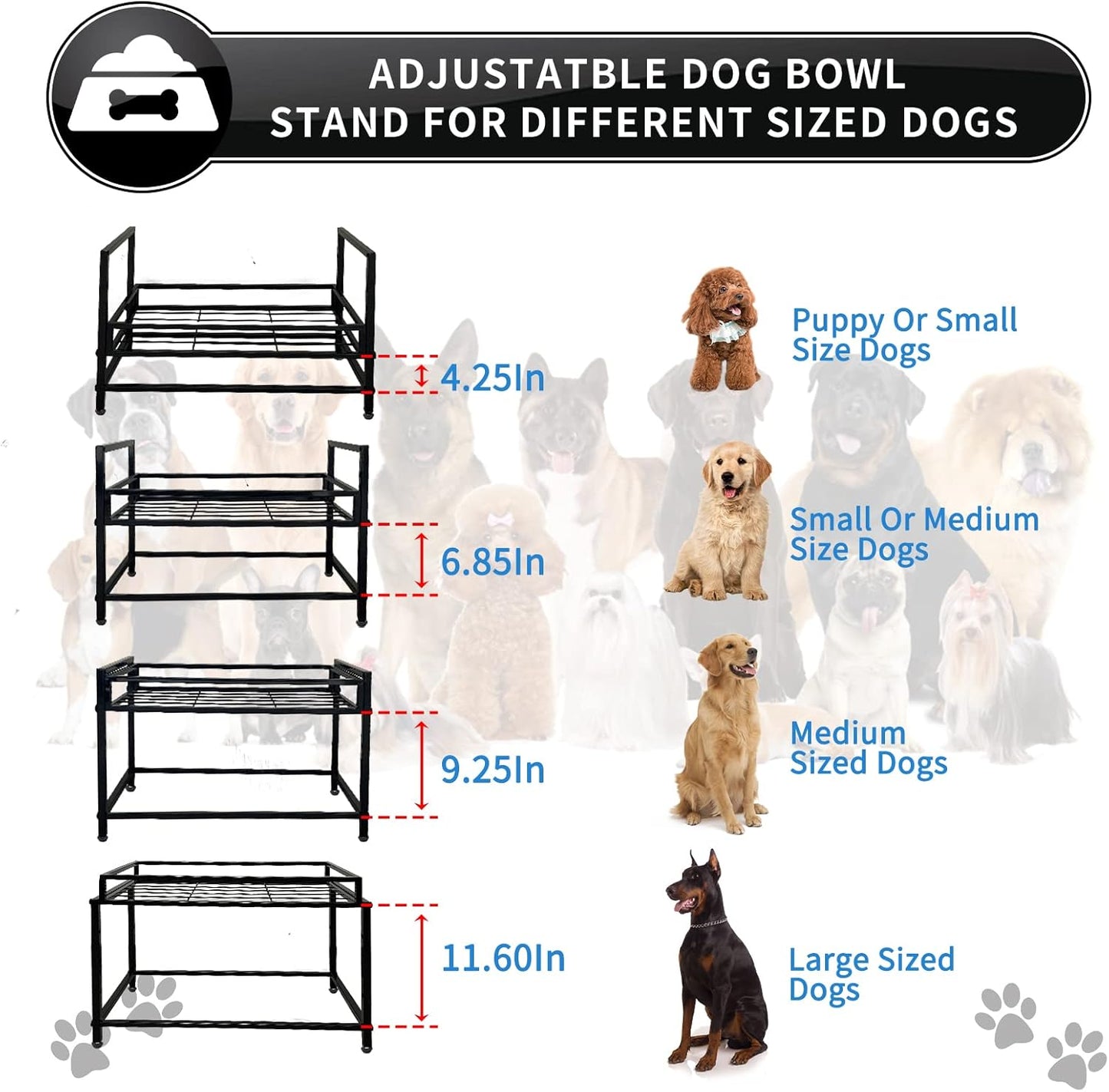 Lifted Dog/Cat Bowl Stand, Raised Dog Bowl Holder for Existing Bowls, 4 Adjustable Heights for Puppy, Small, Medium and Large Size Dogs.