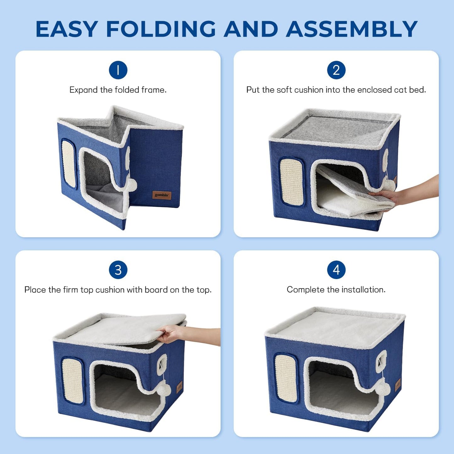 Cat Beds for Indoor Cats - Large Cat House for Pet with Fluffy Ball Hanging and Scratch Pad, Foldable Cat Hideaway,16.5x16.5x13 inches, Navy