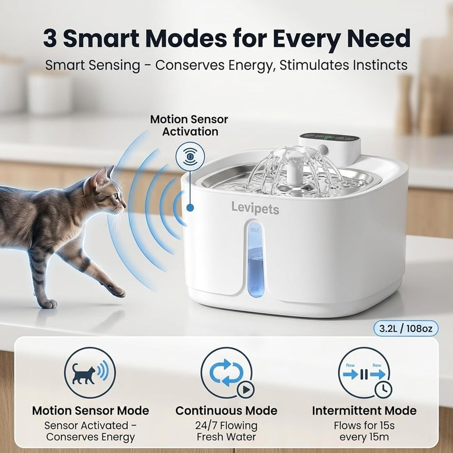 Stainless Steel Tray Cat Water Fountain 108oz/3.2L, 4000 mAh Battery Powered Automatic Pet Water Fountain, Ultra Quiet 25dB, Motion Sensor, 4-Stage Filter, Easy Clean for Cats & Small Dogs