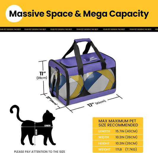 Cat Carrier Airline Approved, Soft-Sided Dog Carrier with Inner Safety Leash, Pet Transport Carrier for Small-Medium Cats Puppies up to 15 Lbs, Collapsible Travel Kitten Carrier Bag -Purple M