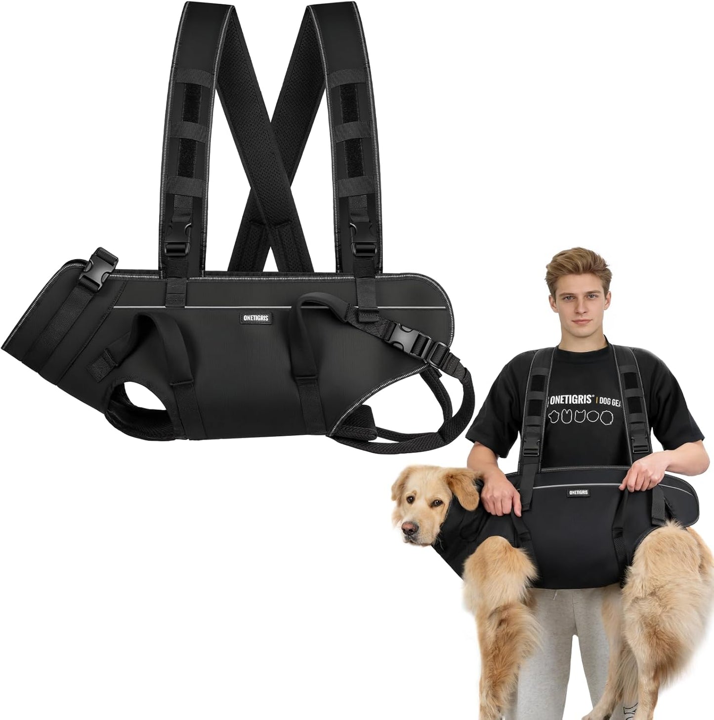 OneTigris Dog Backpack Carrie, Lift Harness with Handle for Large Dogs, Reinforced Padded Dog Sling for Joint Injuries, Arthritis, Ideal for Stairs, Elderly Dogs Fits 60-90 lbs