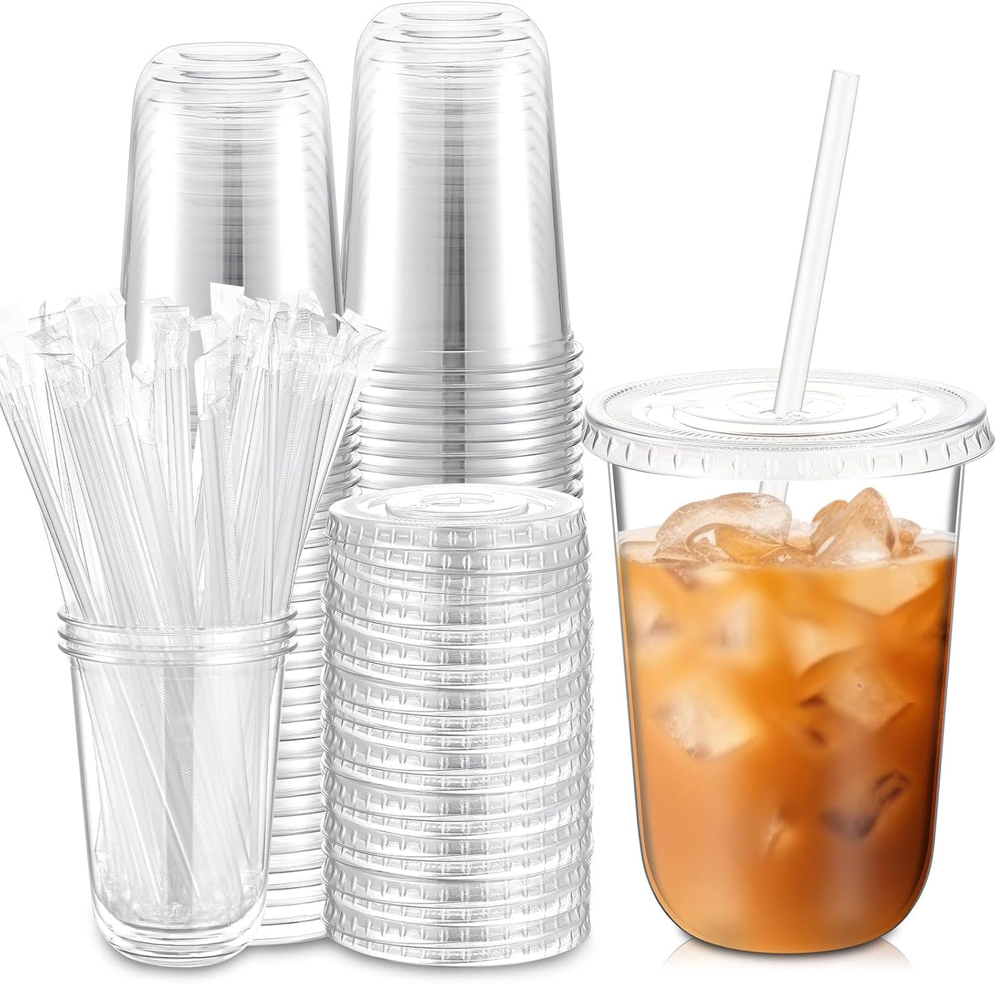 50 Sets Clear Plastic Cups with Lids and Straws, Disposable Iced Coffee Cups Drinking PET for Cold Drinks, Juice, Smoothie, Coffee Shops, Party, Christmas (16 oz,Clear)