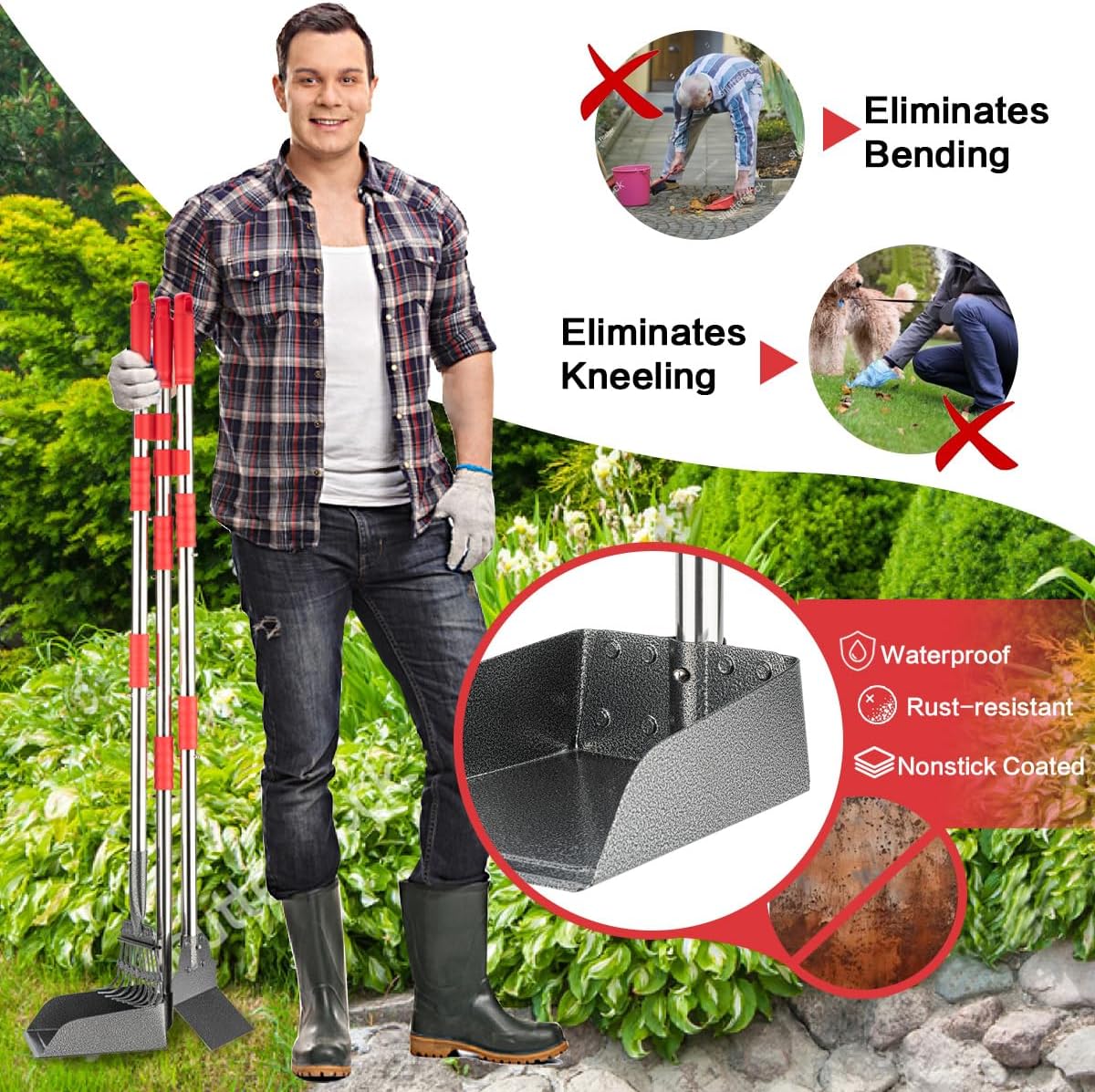 Pooper Scooper, Long Handle Dog Pooper Scooper, Heavy Duty Stainless Steel Rake with Tray & Spade Set for Pet Waste Removal, for Grass, Dirt or Gravel