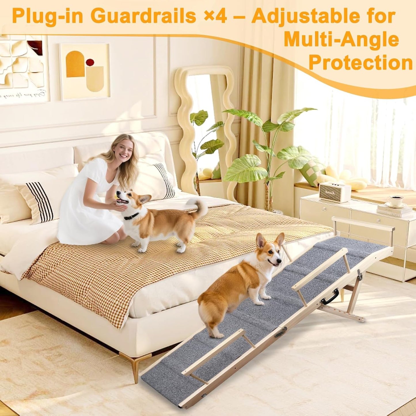 Dog Ramp for Bed, Couch & Car – Adjustable Foldable Pet Ramp, 64.17" Long, 17.72" Wide, Non-Slip Surface with Safety Rails, 8 Heights 20.08"-28.35", Supports 220 lbs, Solid Wood (Gray, 17.72)