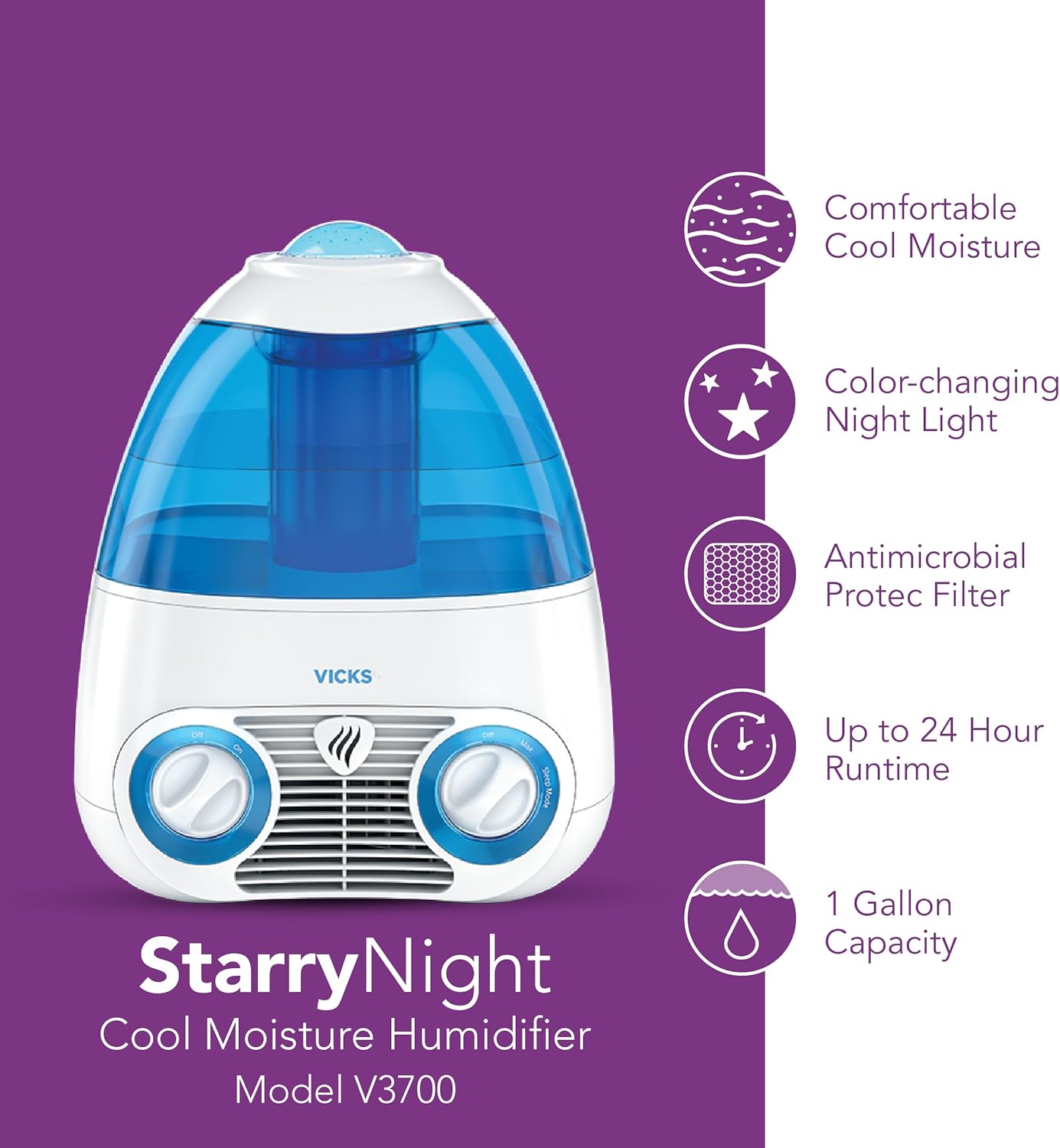 Vicks Starry Night Filtered Cool Mist Humidifier, Medium to Large Rooms, 1 Gallon Tank – Cool Mist Humidifier for Baby and Kids Rooms with Light Up Star Night Light Display, Works with Vicks VapoPads
