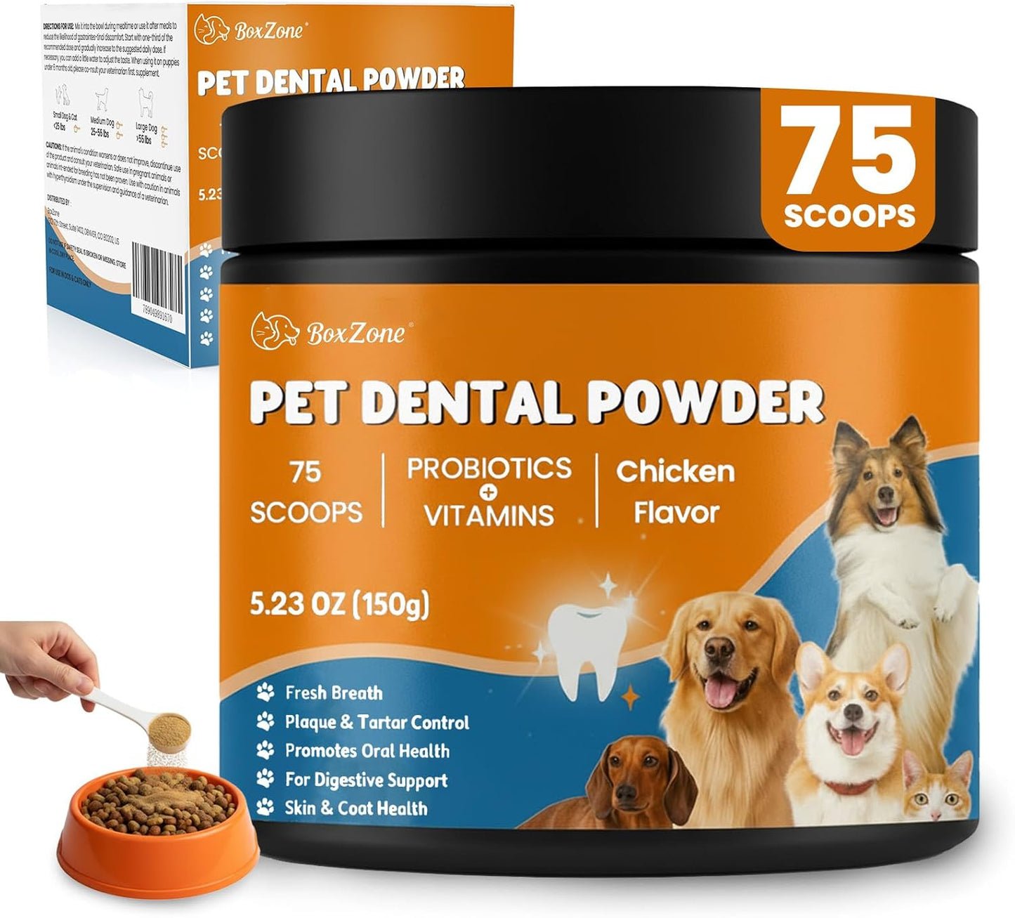 Dog Teeth Cleaning Powder - Plaque & Tartar Control, Breath Fresheners with Natural Seaweed, Probiotics, Vitamins, Turmeric & Enzymes for All Dogs & Cats (Chicken Flavor, 75 Scoops)