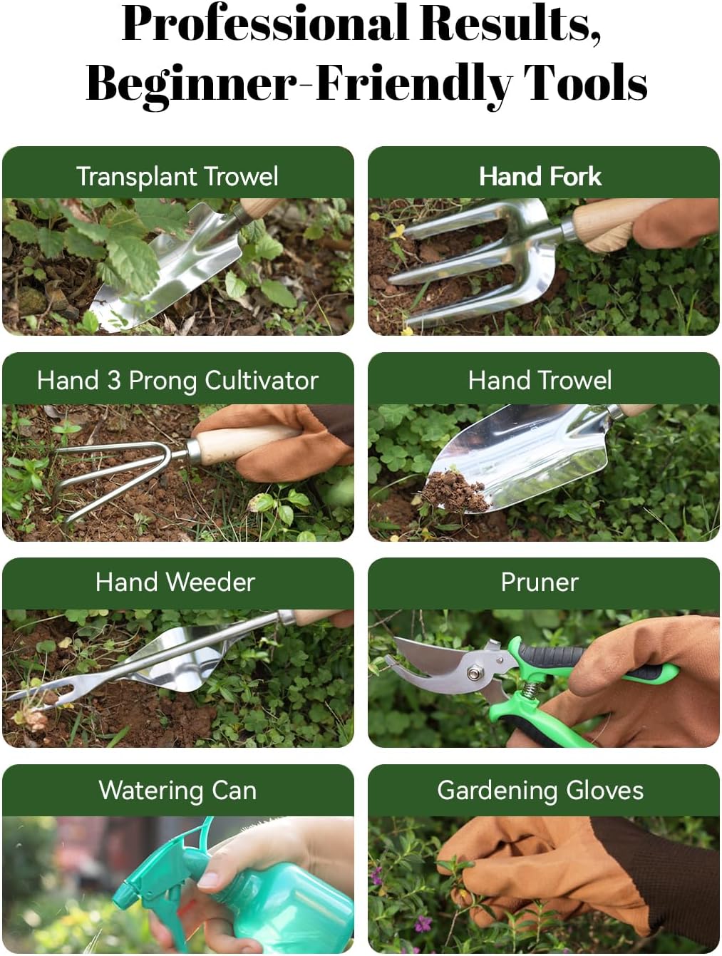 VerdantVibes 9-Piece Garden Tool Set - Heavy Duty Gardening Hand Tools with Ergonomic Non-Slip Grips, Rust-Resistant Shovel, Trowel, Rake, Pruner & Storage Bag - Ideal Gardening Gifts for Women