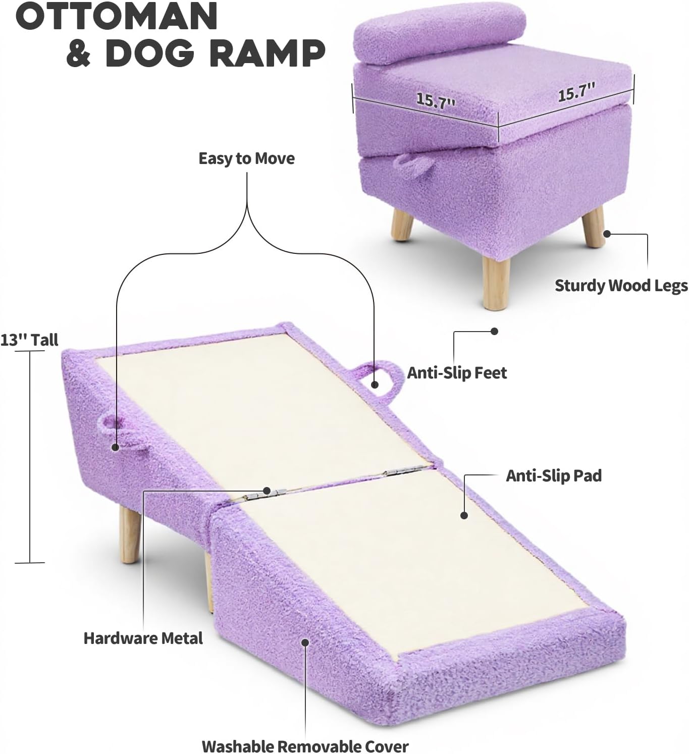 Dog Ramp for Small Dogs and Cats – 2-in-1 Dog Ramp for Couch and Low Bed, 16.5'' Foldable Wooden Pet Ramp, Sturdy Multi-Use Split Ottoman Design, Light Purple