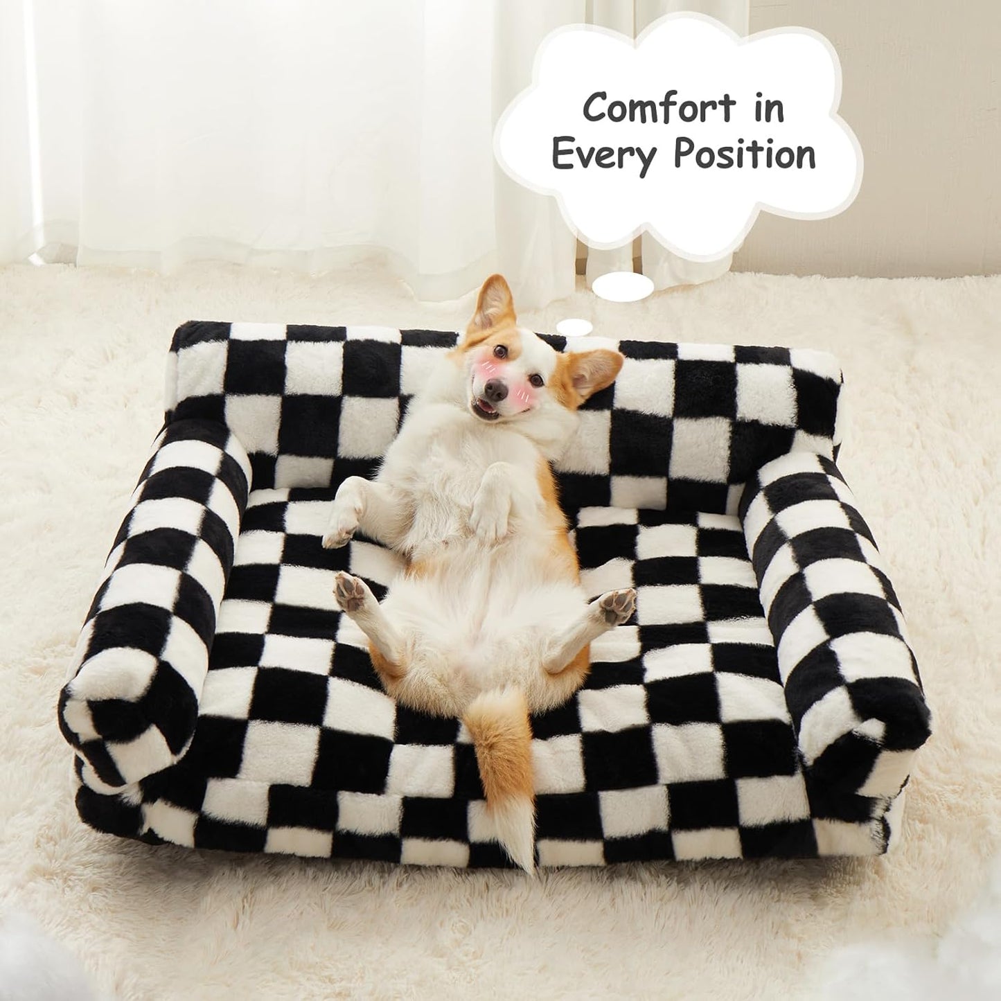 BFPETHOME Large Dog Couch Bed, Cute Pet Sofa with Non-Slip Bottom, Checkered Dog Bed with Washable Cover, XL Pet Couch (Black&White)