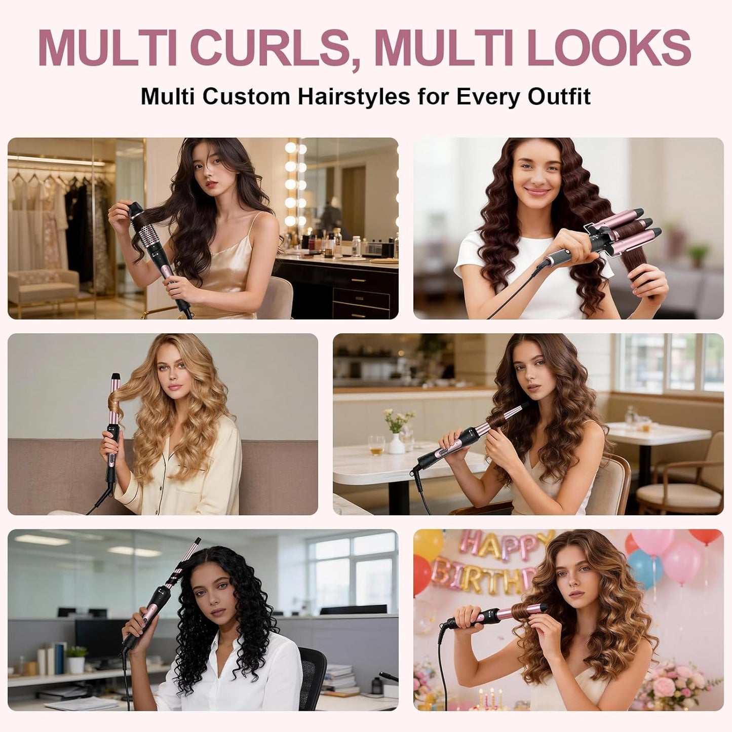 6 in 1 Wand Curling Iron Set, 3 Barrel Curling Wand Set with Thermal Brush (1.5") and 5 Interchangeable Ceramic Hair Wand Curler (0.35"-1.25"), Home Travel Multi Curl, 2 Temp 30S Instant Heat Up