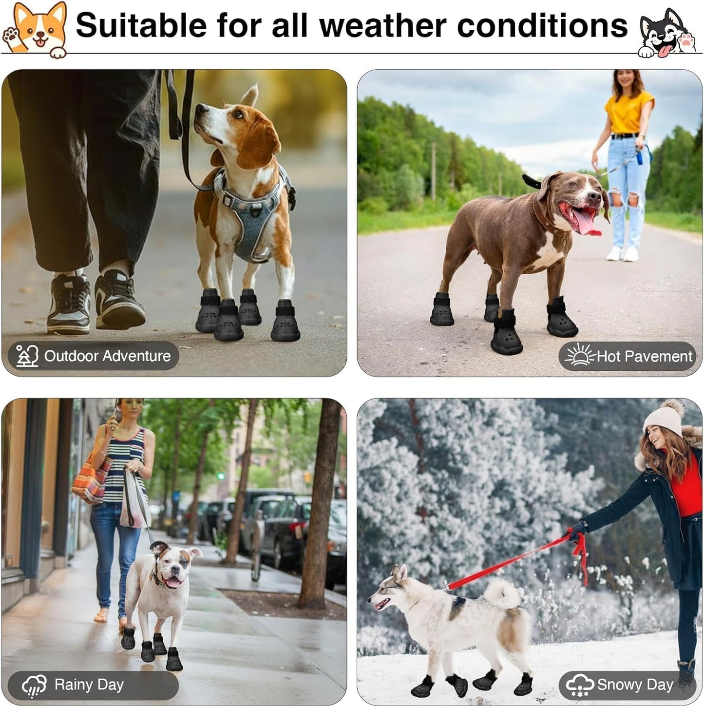 Dog Shoes for Hot Pavement & Snow - Waterproof, Non-Slip Dog Booties with Adjustable Straps. Breathable & Easy-Clean Paw Protectors, Easy ON/Off for Beach, Hiking All Seasons (Black, XL)