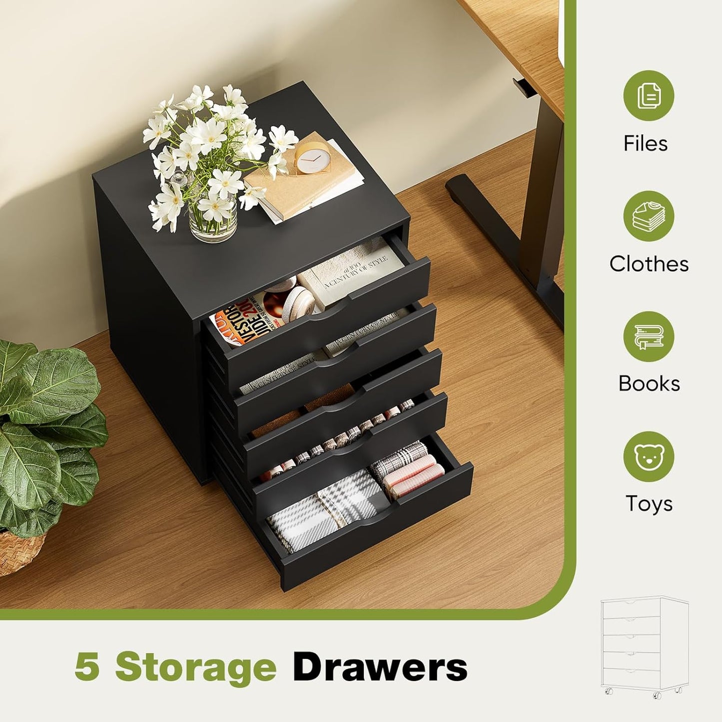 Sweetcrispy 5 Drawer Chest Mobile Storage Cabinets Small Wooden Dresser with Wheels Room Organization Furniture for Office Home, Black Wood