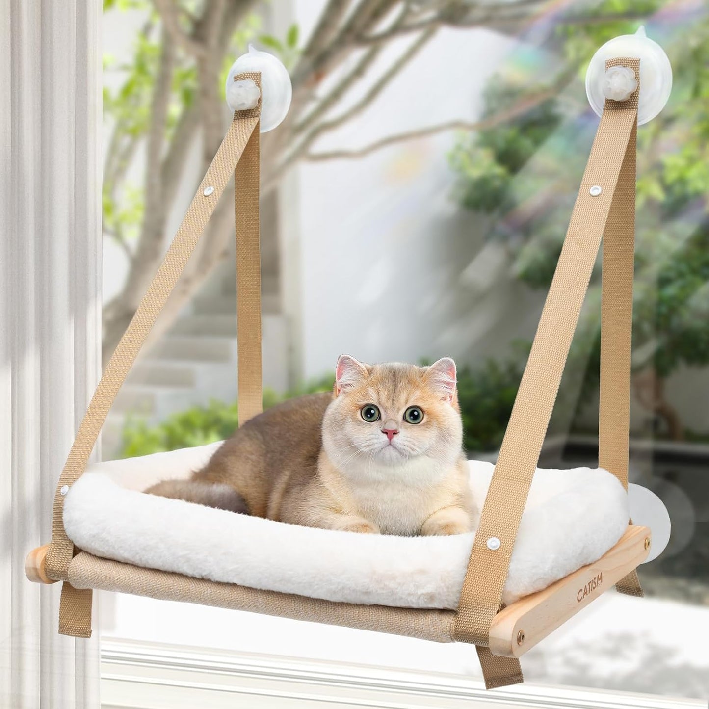 CATISM Cushion Cat Window Perch - Hammock - Window - Seat - Home - Cat Bed for Small to Medium Indoor Cats, Wooden, Machine Washable Cover, Foldable (Khaki, Cushion Bed Cover)