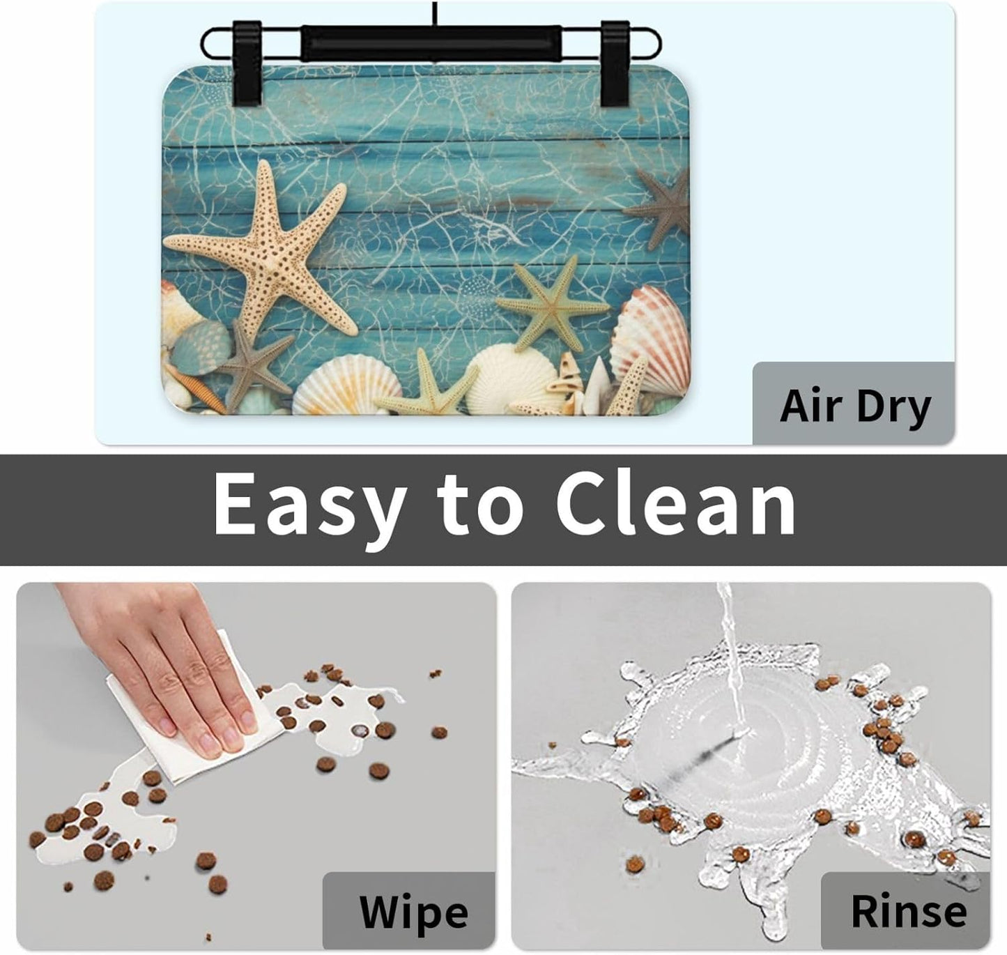 Shell Starfish Pattern Pet Feeding Mat 30x45cm Absorbent Leather Dog Cat Food Mats Non-Slip Dog Bowl Mats for Food and Water, Quick Dry Pets Placemats for Cats and Dogs Water Bowl
