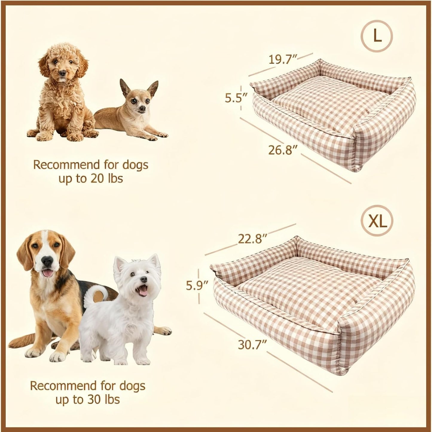 Cute Gingham Dog Bed for Small Dogs with Removable Cover All-Season Washable Plaid Dog Lounger for Pups (Beige Bed, X-Large)