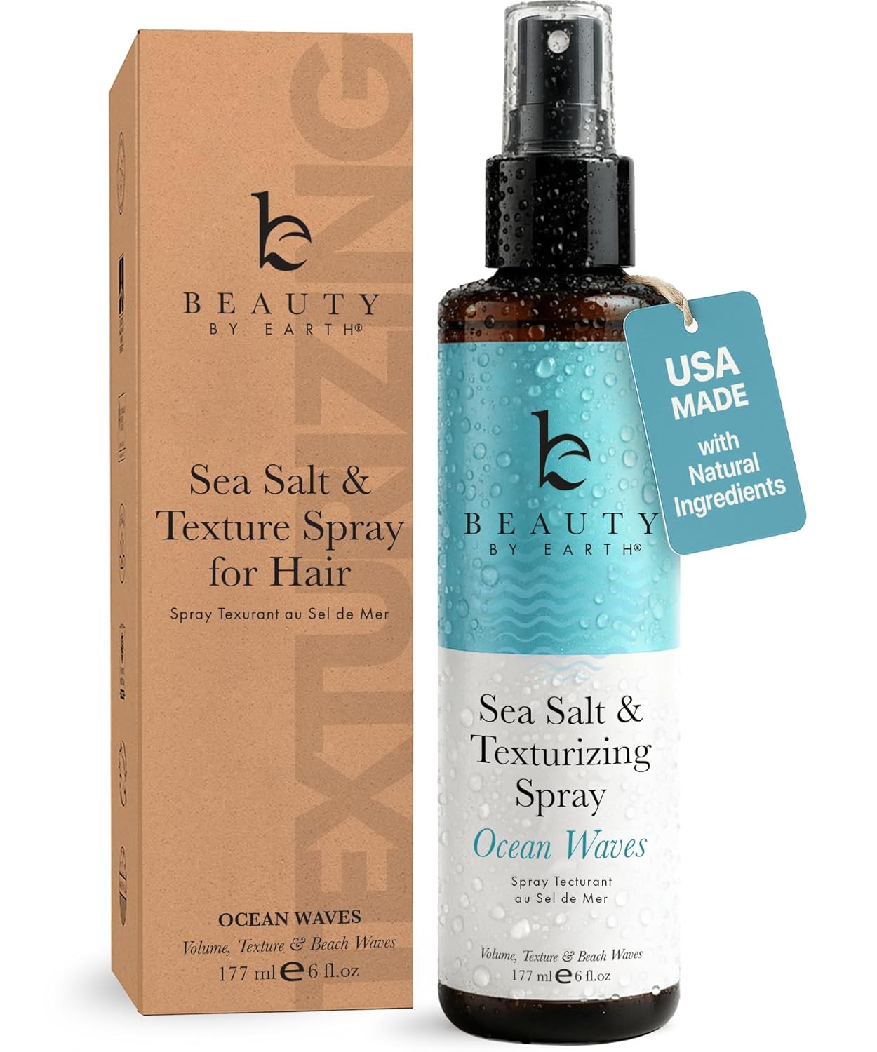 Beauty by Earth Sea Salt Spray - Aloe-Enhanced Beach Waves without Dryness, Texture & Volume Spray for All Hair Types, USA Made with Organic Ingredients, Ocean Waves Scent 6oz