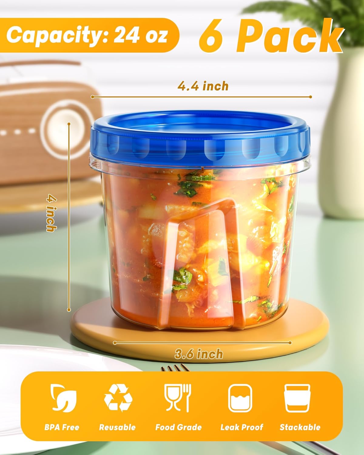 6 Pack-24 oz Freezer Storage Containers, Plastic Food Storage Containers with Twist Top Lids, BPA Free and Reusable Soup Containers with Lids, Leakproof/Microwave/Dishwasher Safe