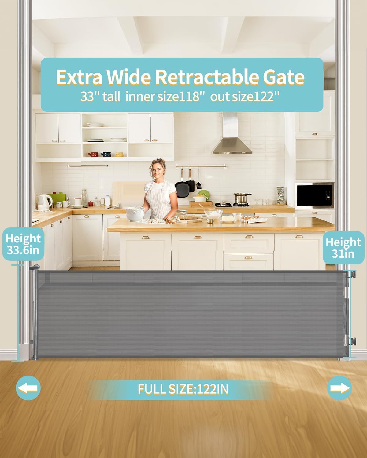 Retractable Baby Gate for Stairs – 33” Height, Expands up to 118” Width – Safety Gate for Infants, Toddlers, Dogs & Pets – Easy Install, Secure Closure, Gray Mesh Design for Indoor & Outdoor Use