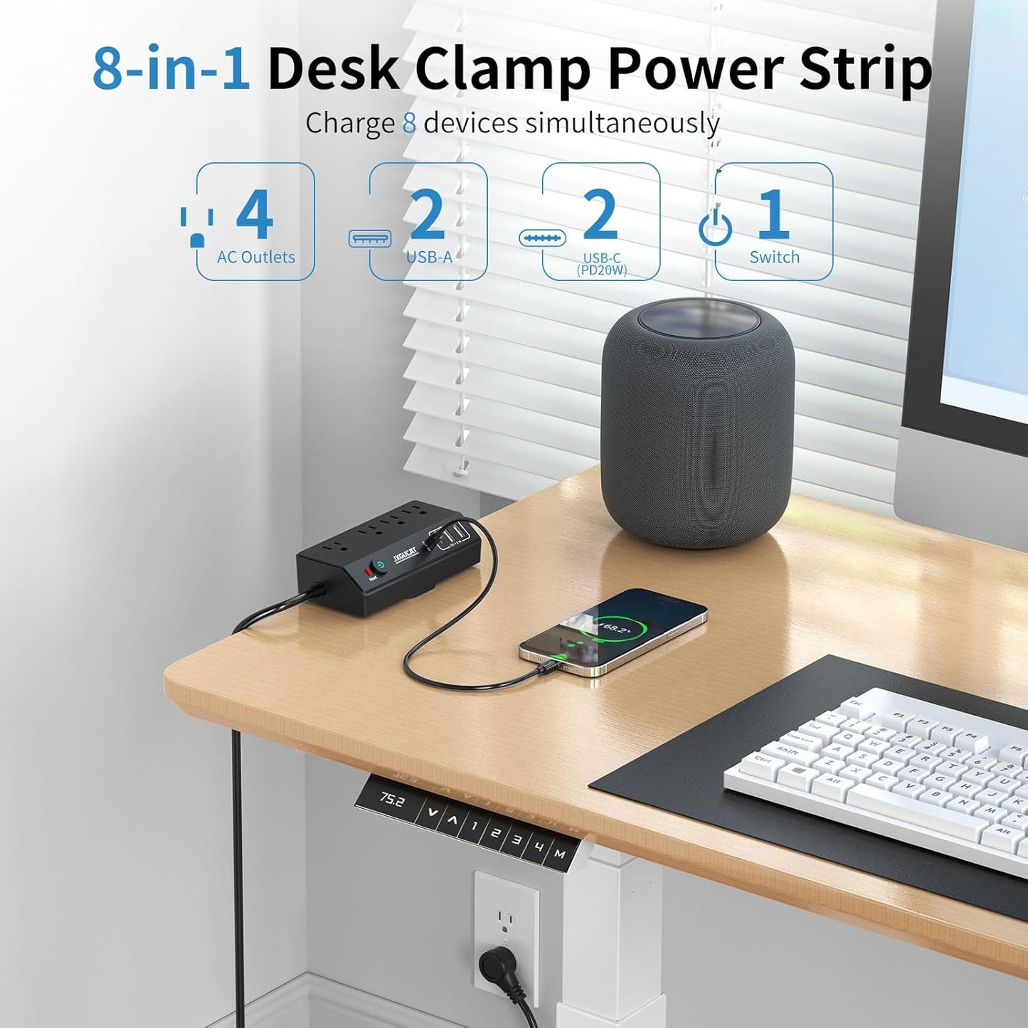 Desk Clamp Power Strip 10FT with PD 20W Fast Charging USB C, JXGUCAT Desktop Mount Power Strip Surge Protector, Removable Extension Cord with 4 Outlets 4 USB Ports, Fit 1.8" Tabletop Edge, Black