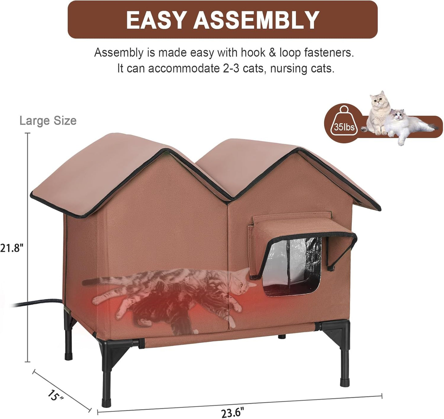 Heated Cat House for Outside Winter, Large Heated Outdoor Cat House Weatherproof, Elevated Bed, Escape Door, Insulated Outdoor Cat Shelter with Heater for Multiple Cats Feral Stray Kitty, Easy Setup