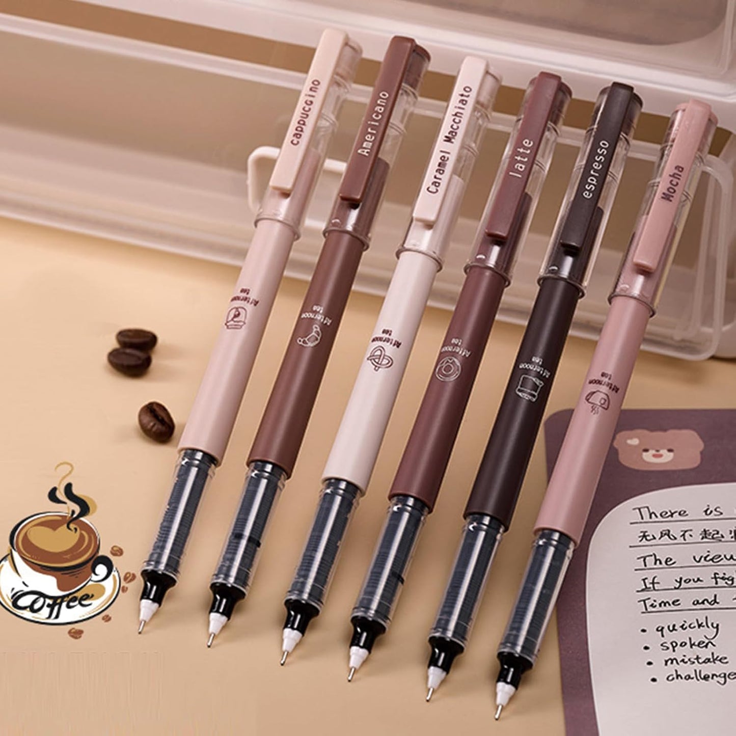 6 Pcs Rolling Ball Pens Cute Coffee Liquid Ink Rollerball Pens Cartoon 0.5 mm Black Ink Pen Quick Drying Smooth Writing Pen Office School Supplies (Coffee)