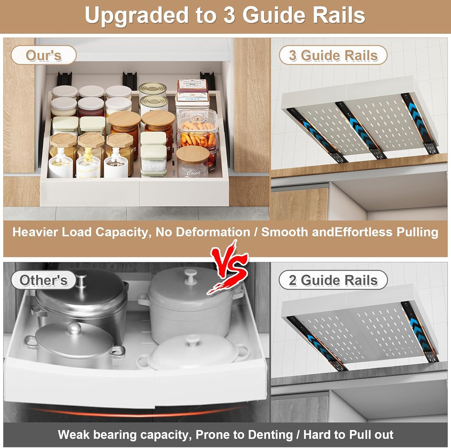 Pull out Cabinet Organizer,Width (14"-21") and Depth (17"-24") Expandable With 3 Rails,No Drill Adjustable Slide out Drawers for Kitchen,Pantry,Adhesive Roll out Shelves,for Cabinets Without Lip,White