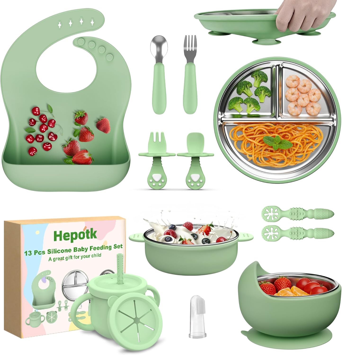 13 Pack Silicone Baby Feeding Set, BPA-Free Stainless Steel Toddler Feeding Supplies, Include Suction Plates, Baby Bowls, Silicone Fork & Spoon, and More, First Stage Baby Dish Set - 6+ Months