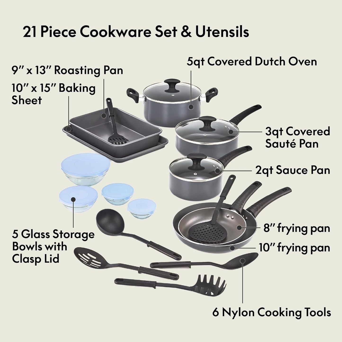 bella Cookware Set with Glass Lids with Nonstick, PFOA Free and Scratch Resistant Surface, Aluminum Bakeware, Pots and Pans, Storage Bowls & Utensils, Compatible with All Stovetops, 21 Piece, Gray