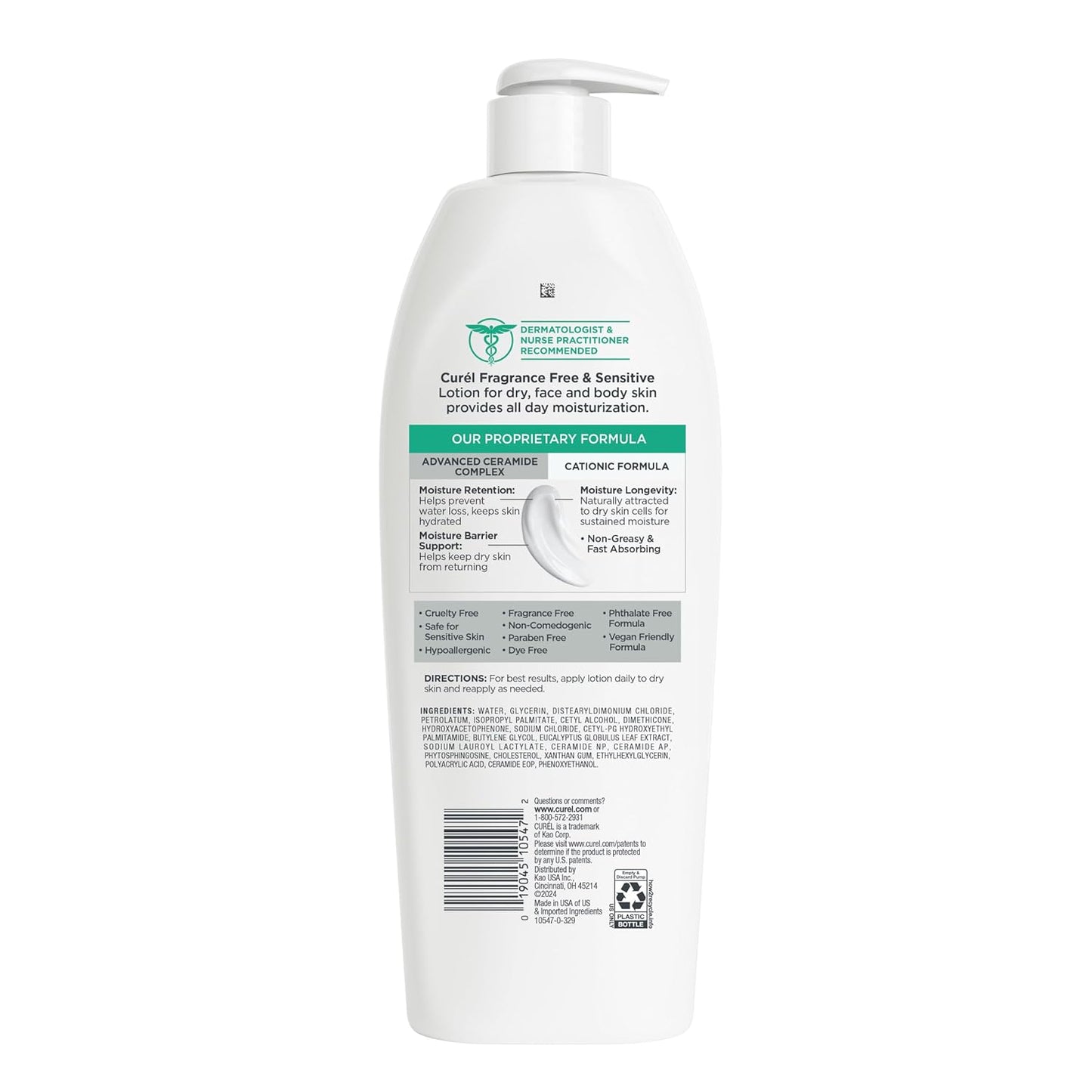 Curel Fragrance Free Comforting Body Lotion, Unscented Dry Skin Moisturizer for Sensitive Skin, with Advanced Ceramide Complex, Repairs Moisture Barrier, 20 oz