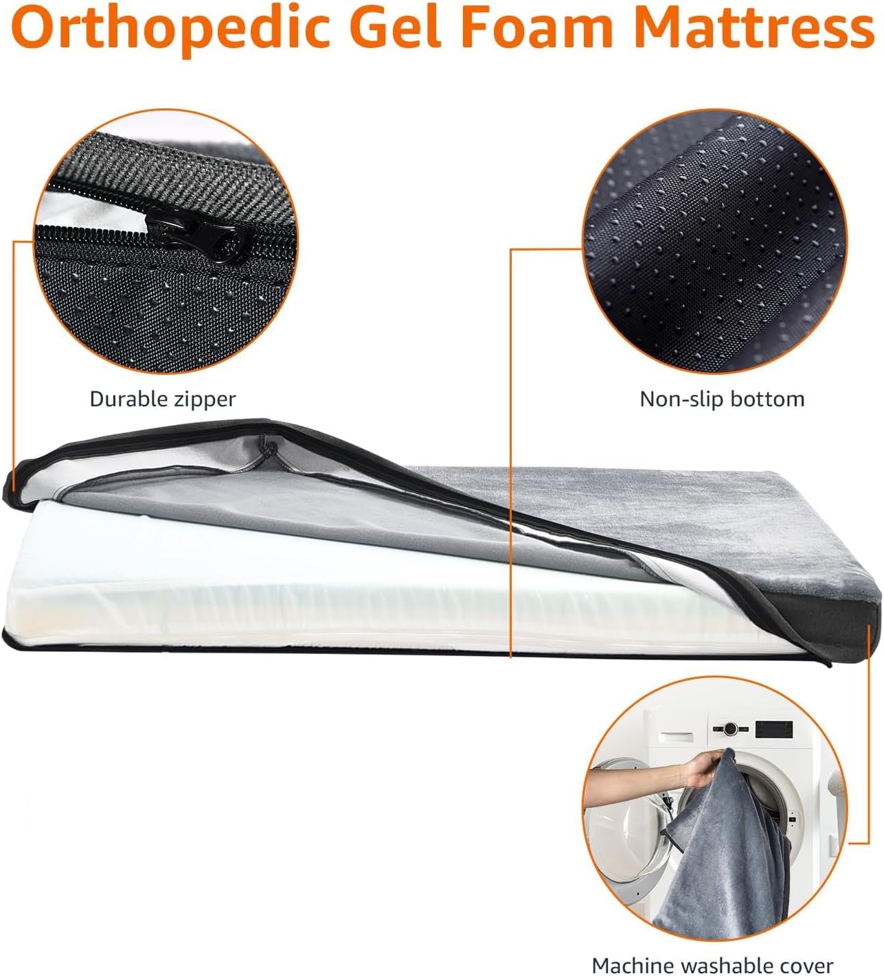 Amazon Basics Washable Dog Bed with Cooling Gel Memory Foam, Pressure-Relief Support for Dogs up to 50lbs, Non-Slip Bottom, Removable Cover, Large (35" x 22"), Grey