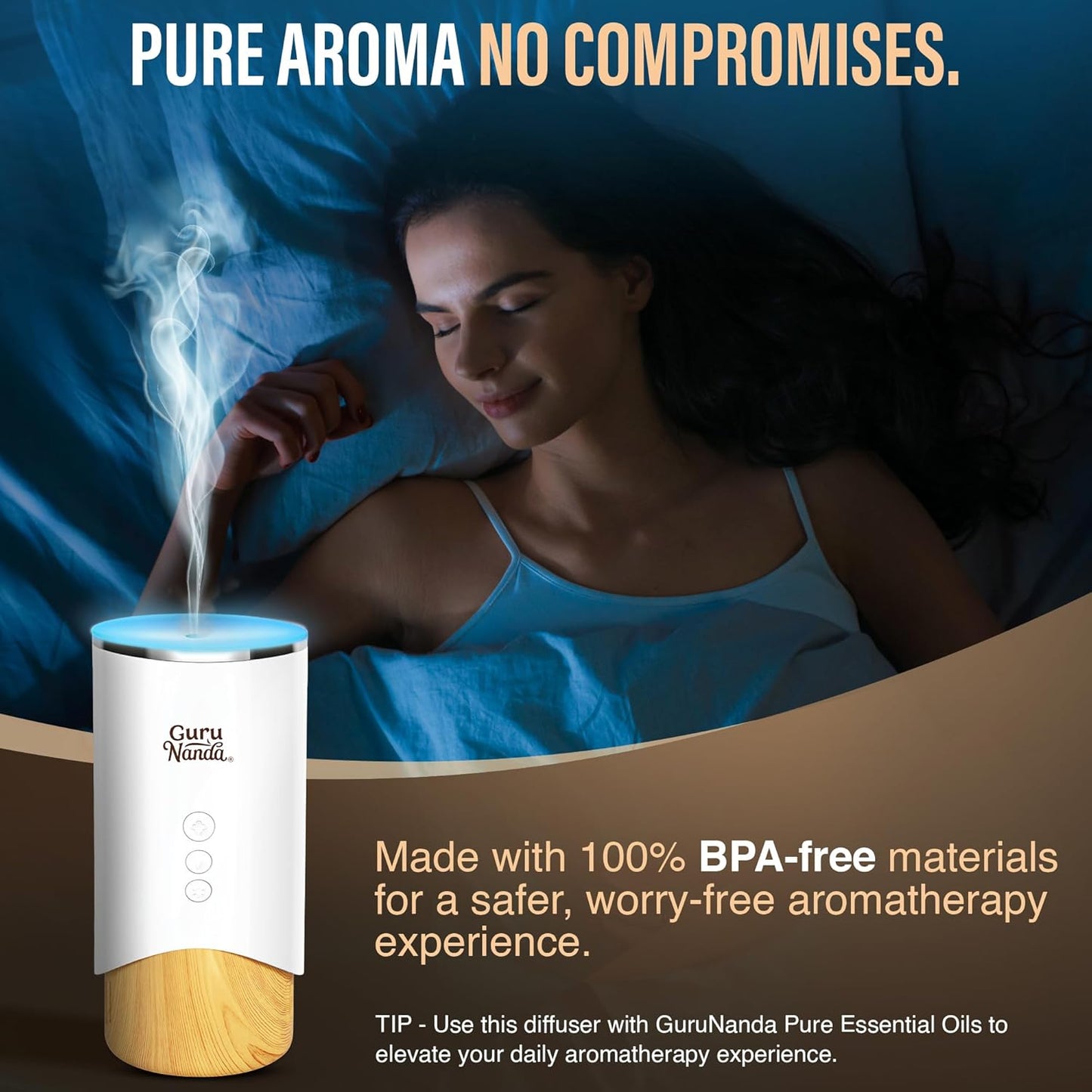 GuruNanda Calm Aura Essential Oil Diffuser, Sleek Modern Aromatherapy Diffuser with Turbo & Mist Modes, Auto Shut-Off Safety, Covers 250 Sq Ft, 100 ml