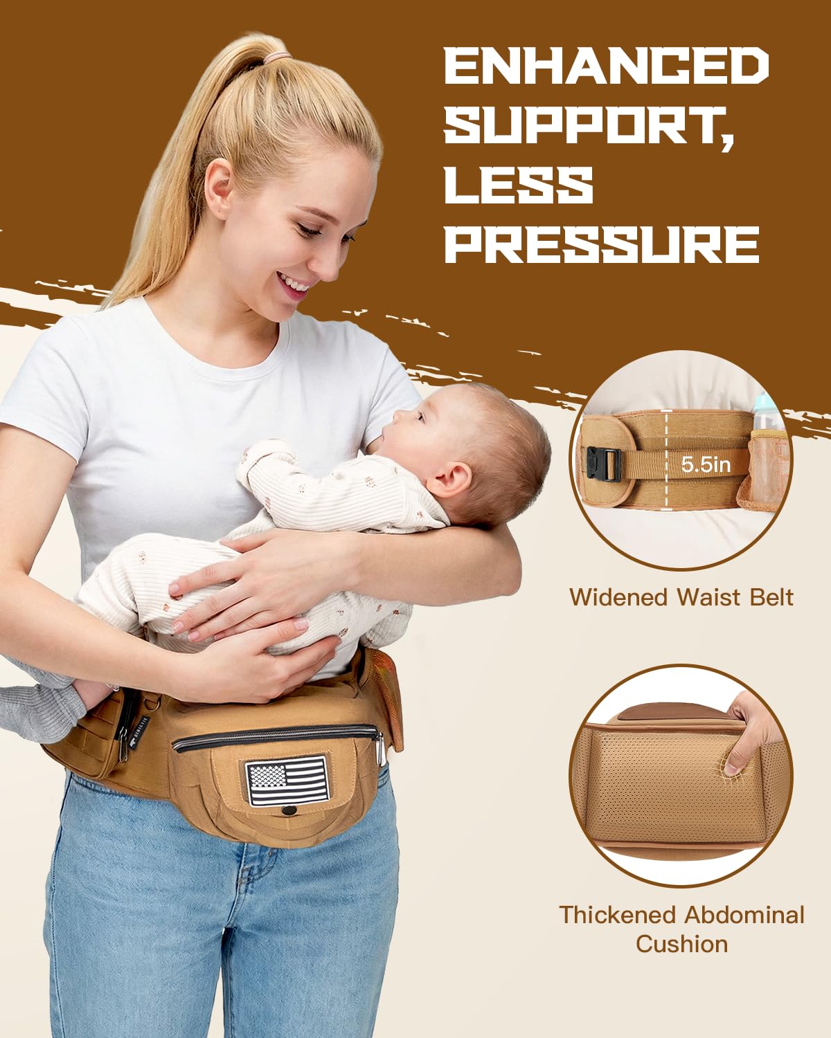 Dinictis Baby Hip Carrier for Dad, Ergonomic Tactical Waist Carrier with Hip Seat for Newborn to Toddler (Up to 45 lbs), Adjustable Wide Waistband, Molle Webbing & Multiple Pockets, Coyote Brown
