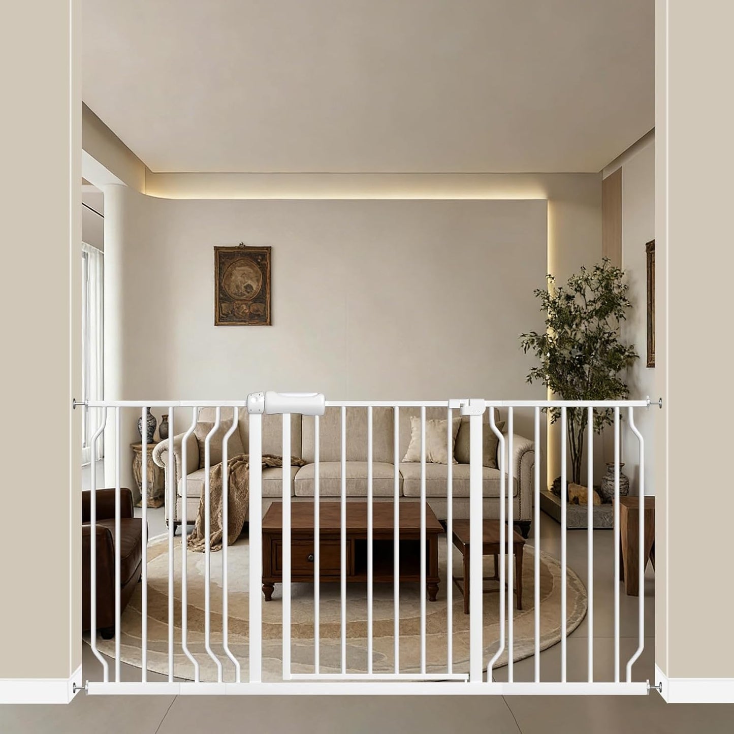 WAOWAO Baby Gate 57.48-62.17" Extra Wide Pressure Mounted Walk Through Swing Auto Close Safety White Metal Toddler Kids Child Dog Pet Puppy for Stairs,Doorways,Kitchen