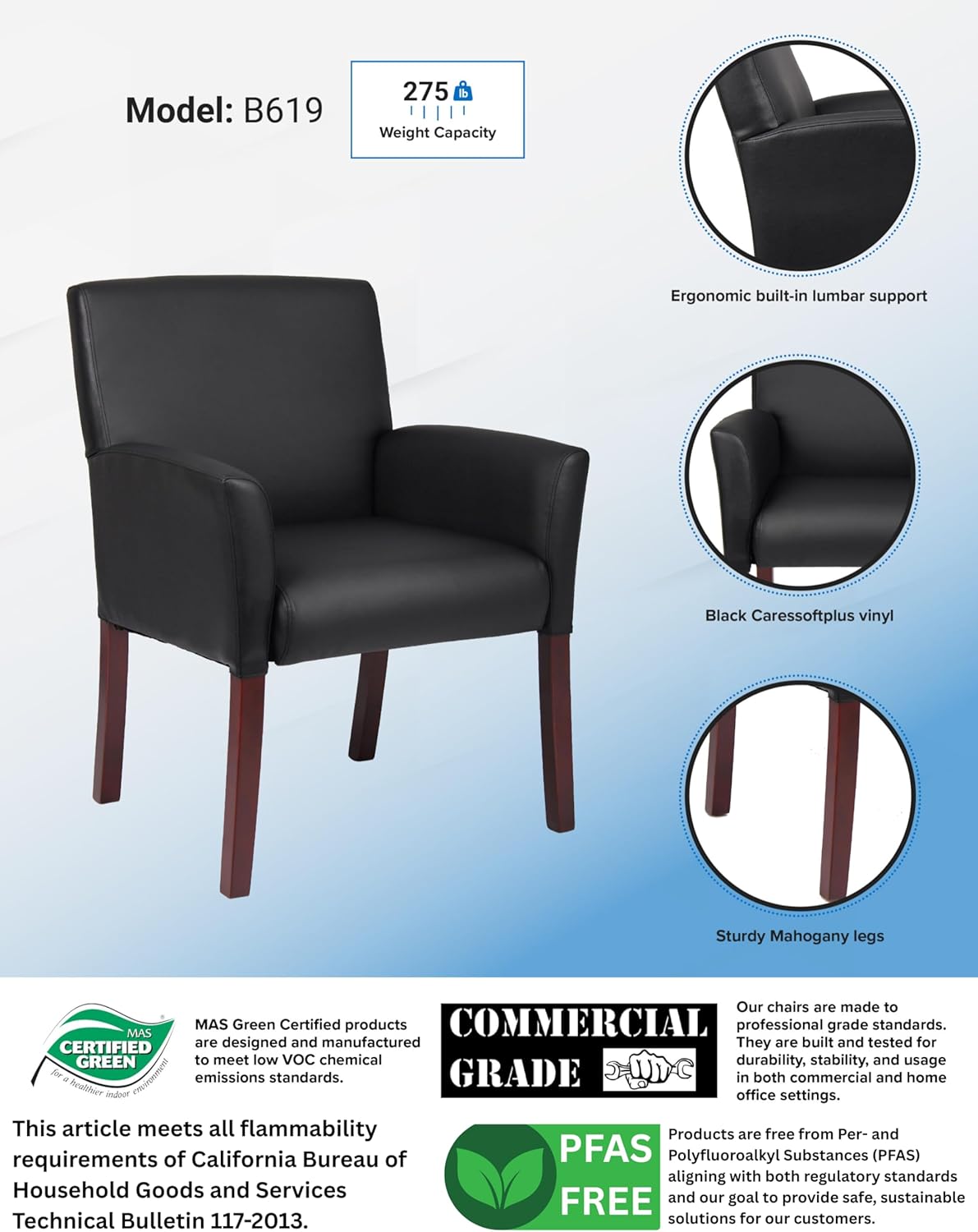 Boss Office Products Box Arm Guest Chair with Mahogany Finish in Black, 250 (B619)