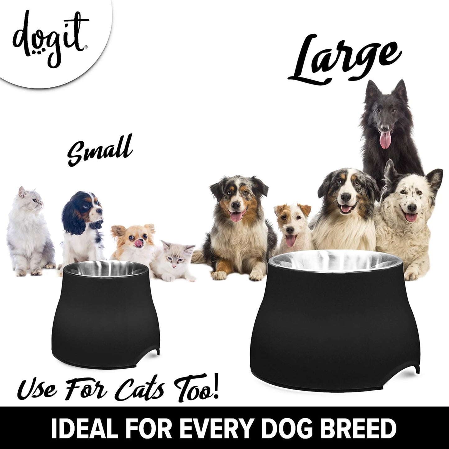 Dogit Elevated Dog Bowl, Stainless Steel Dog Food and Water Bowl for Large Dogs, Black, 73752