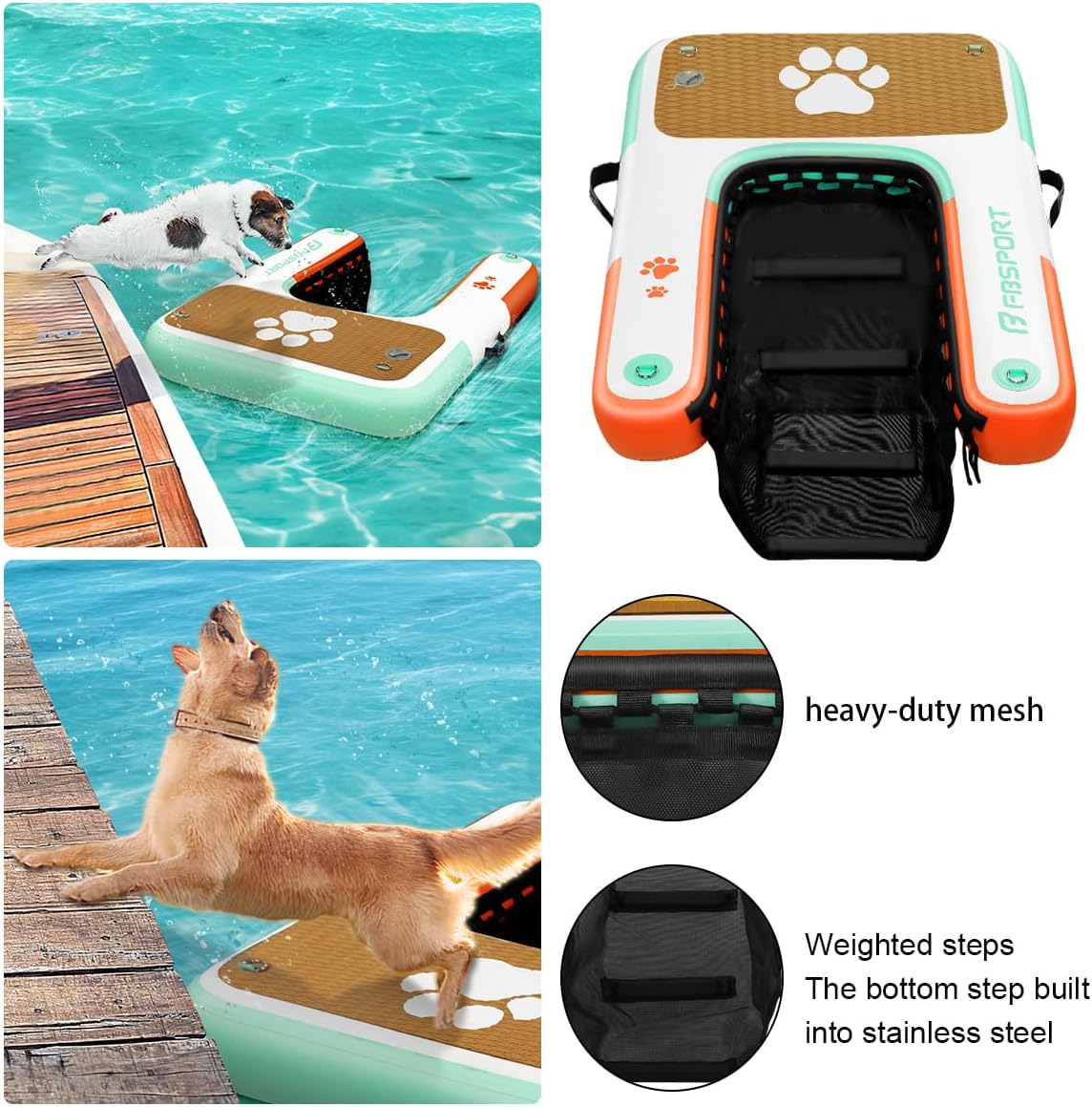 FBSPORT Inflatable Dog Boat Ramp Floating Dock Water Ladder for Pool, Boat, Non-Slip EVA Floating Ladder Pool Ramp for Dog Up to 220 LBs, Safe & Easy Access