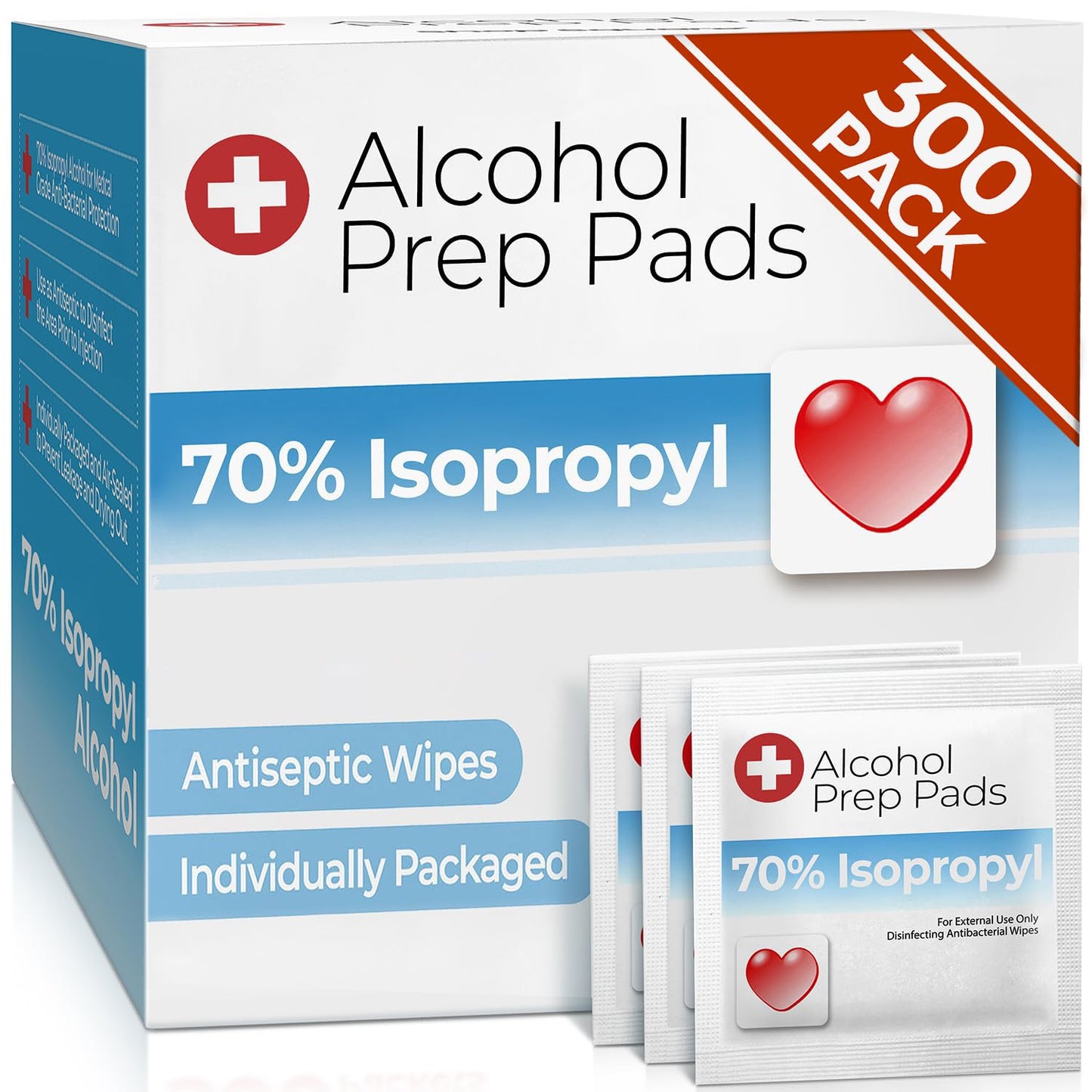 Alcohol Wipes individually Wrapped - 300 Pack Isopropyl Alcohol Wipes, Alcohol Prep Pads, Great for Home, Medical and First Aid Kits, Individually Wrapped Swabs