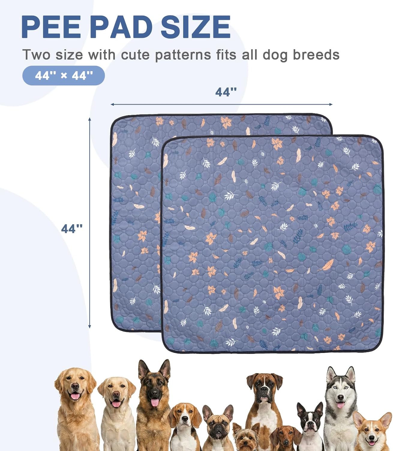 44'' x 44'' Washable Pee Pads for Dogs, Super Absorbent Reusable Puppy Training Pads, 100% Leak-Proof & Non-Slip Whelping Box Pads for Pet, 2 Pack