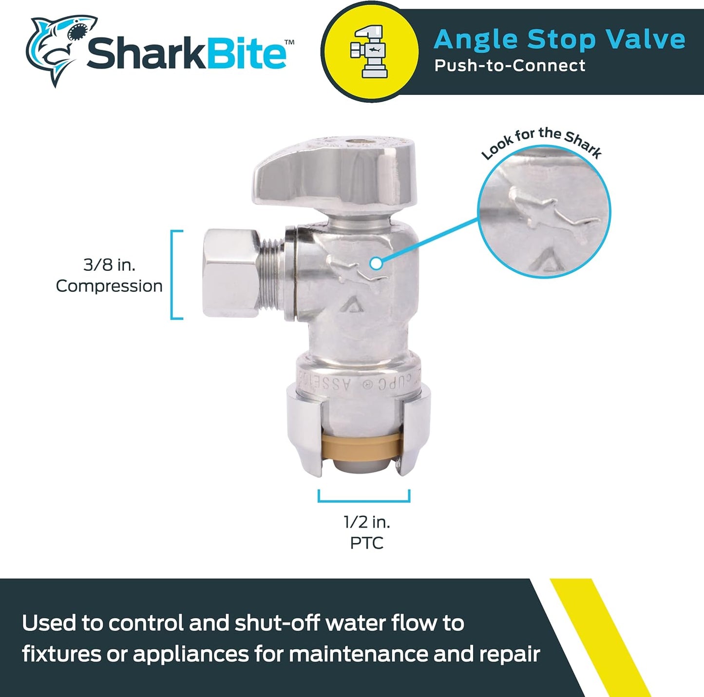 SharkBite 23036-0000LF Brass Push Angle Stop, 1/2 in. x 3/8 in. Compression, Chrome