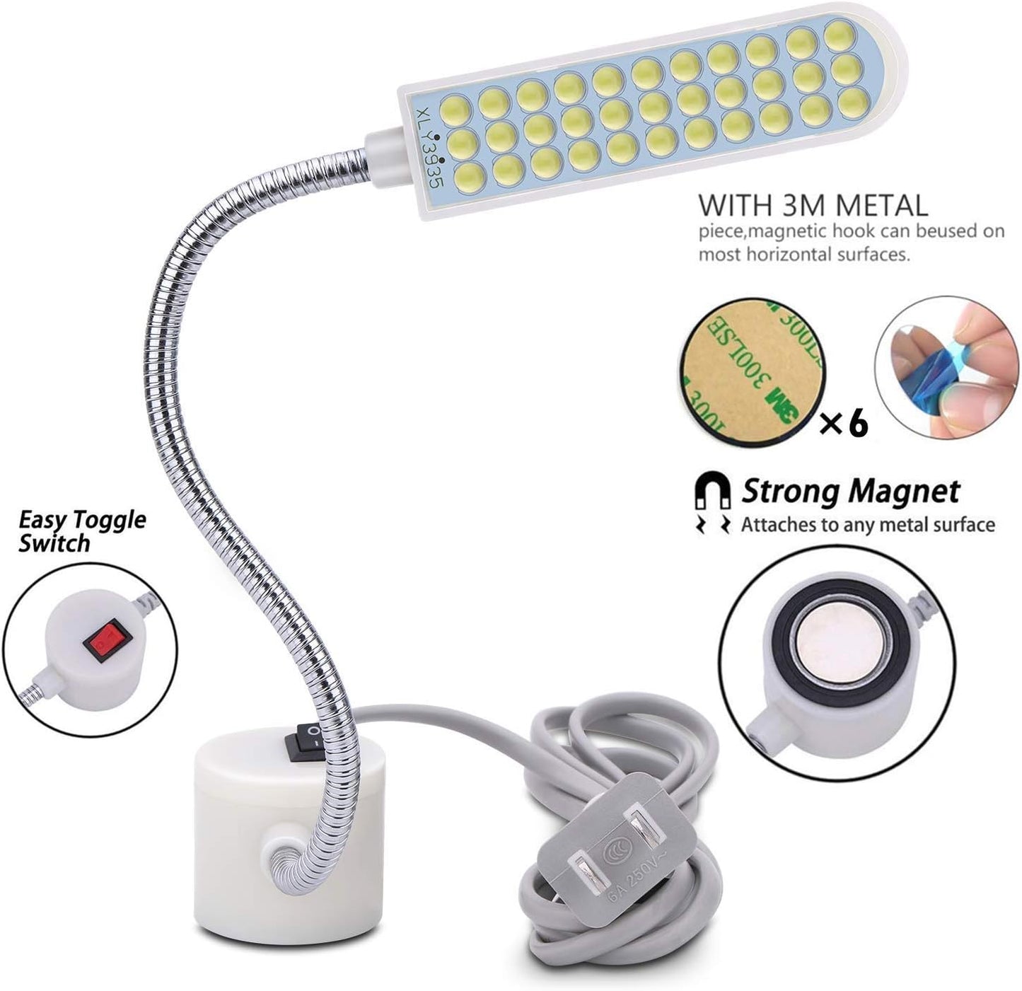 Sewing Machine Light Gooseneck Work Light with Magnetic Mounting Base, White Soft Light for Lathes, Drill Presses, Workbenches (3PACK)