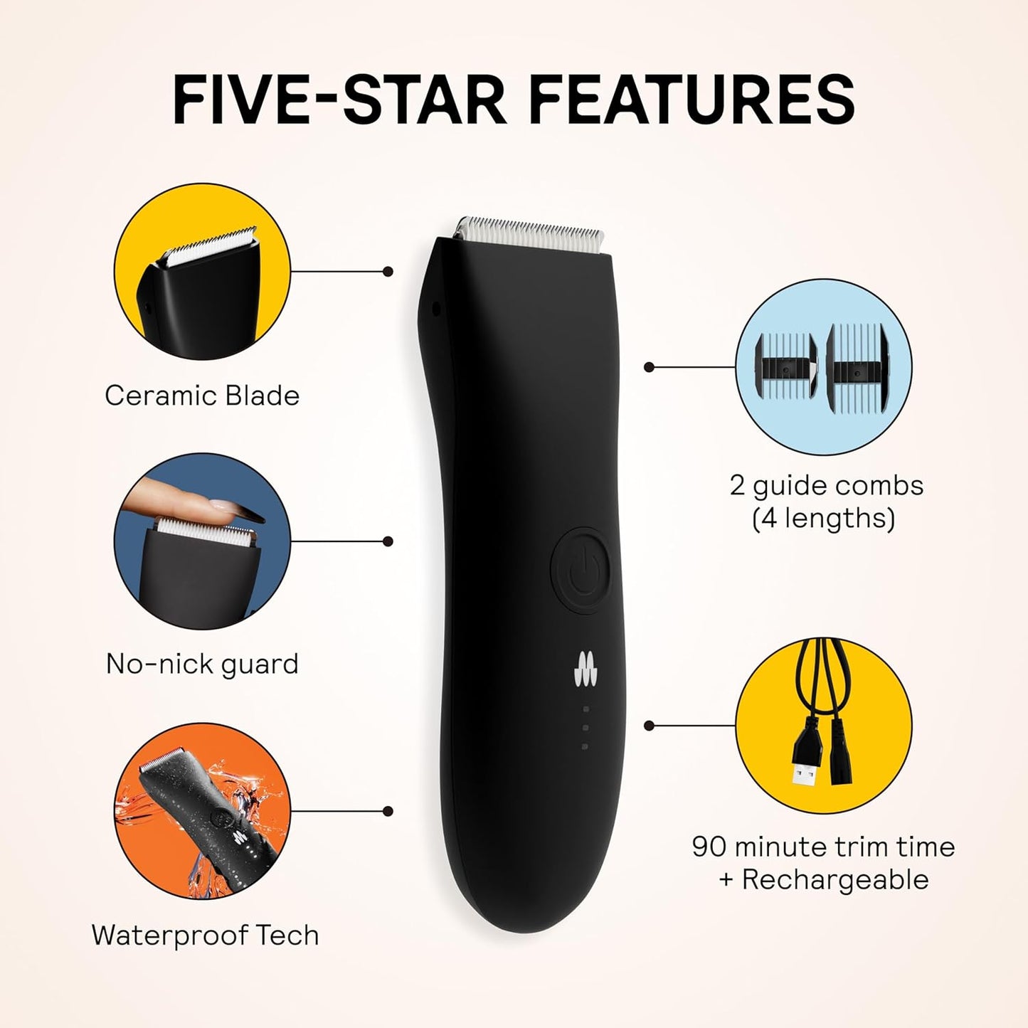 MERIDIAN The Trimmer Original – Body Hair Trimmer for Men, Electric Groin & Body Groomer for Pubic Hair, Chest, Legs & Underarms, Waterproof & Rechargeable, Onyx